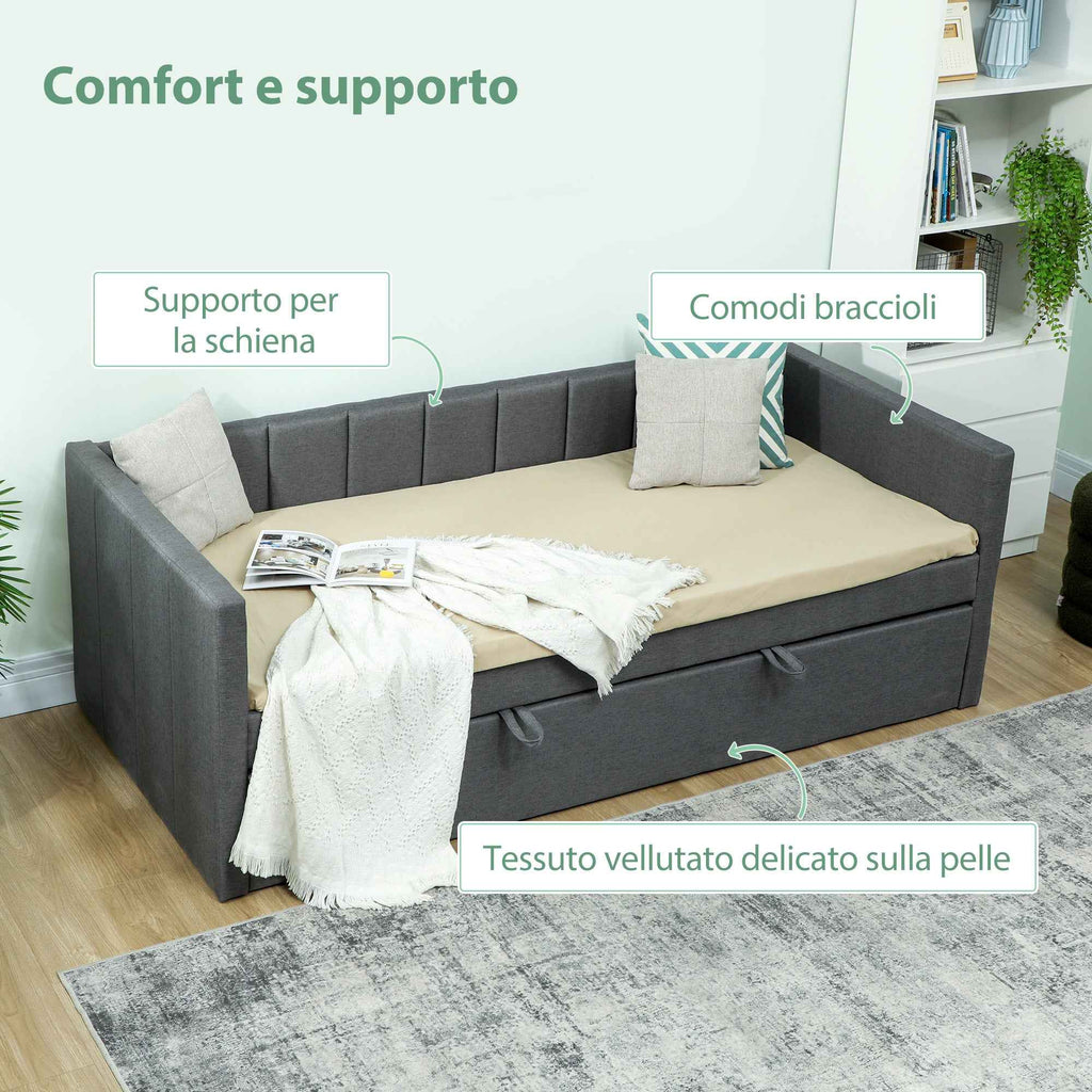 HOMCOM Single Bed with Pull-Out Second Bed, Fabric Upholstery and Armrests, 205x181x70 cm, Dark Grey