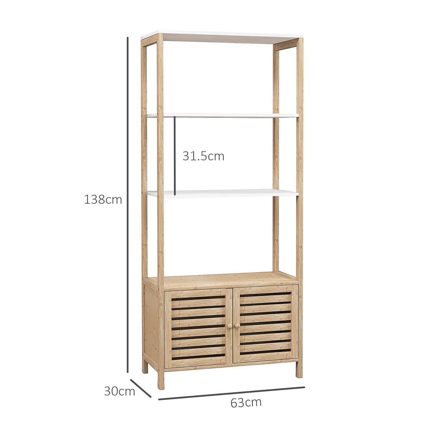 Bamboo Bathroom Cabinet with 3 Shelves and Lower Cabinet, 63x30x138 cm, Wood and White Color