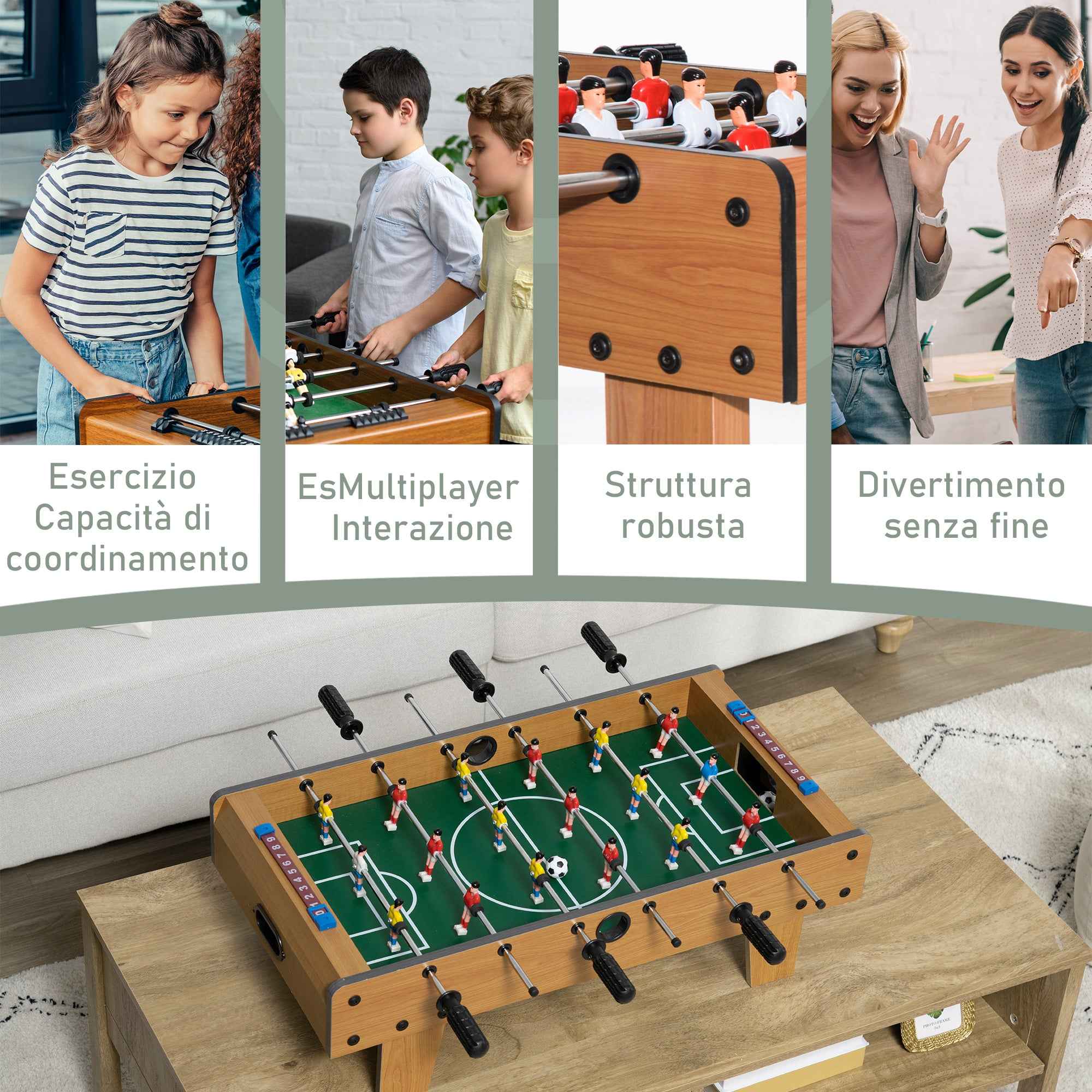 HOMCOM Folding Table Football for Adults and Children with 2 Balls and Scoreboard, Made of Wood, 69x36.5x22 cm, Wood Color