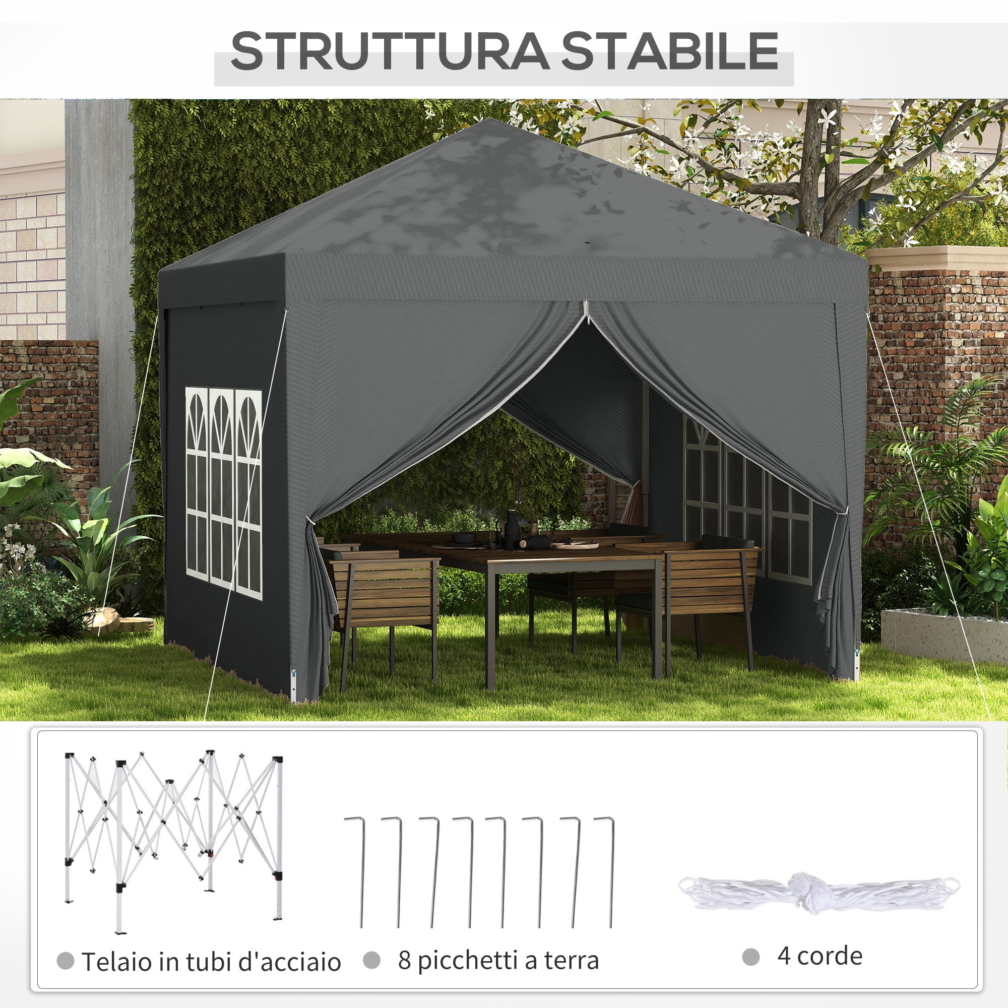 3x3m Folding Outdoor Gazebo with 4 Side Panels, Steel and Oxford Fabric Grey