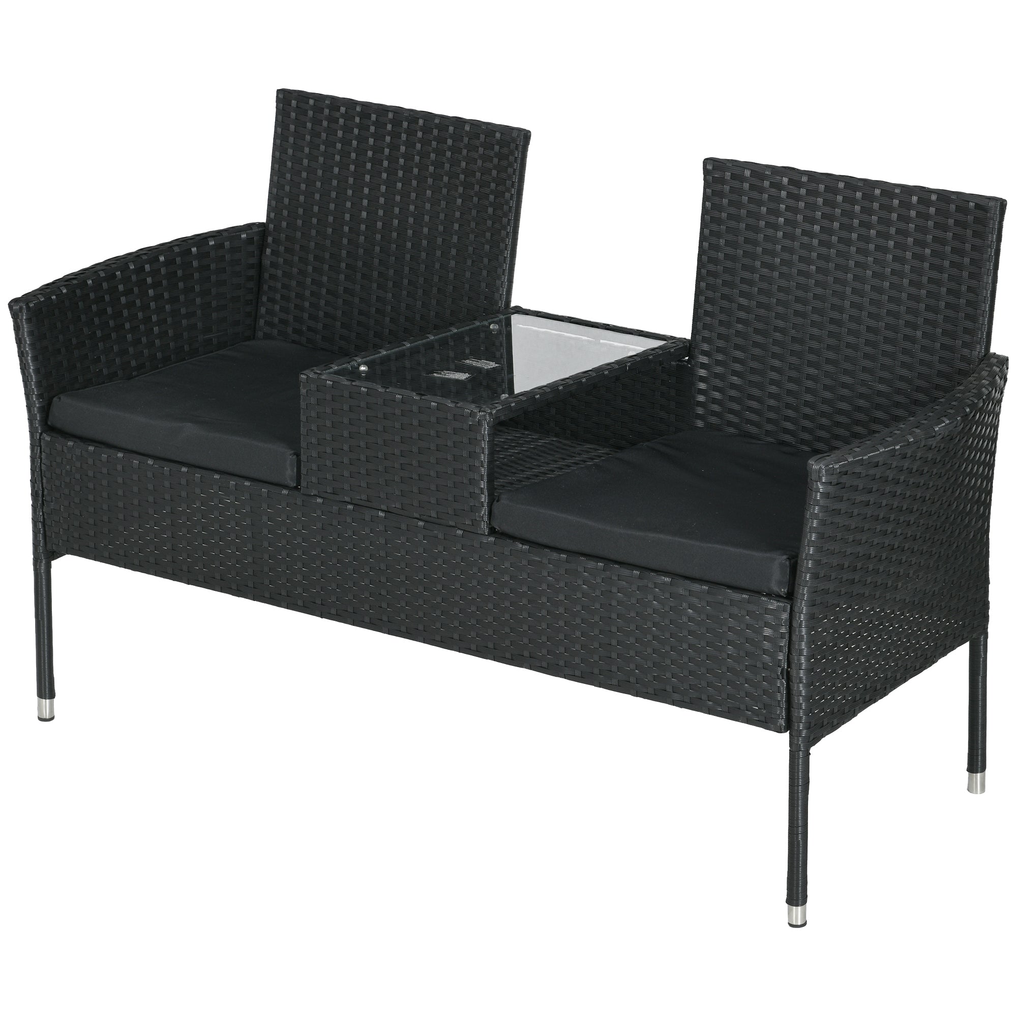2-Seater Outdoor Sofa with Coffee Table, in Steel and PE Rattan, 137x59x82 cm, Black - Borgè