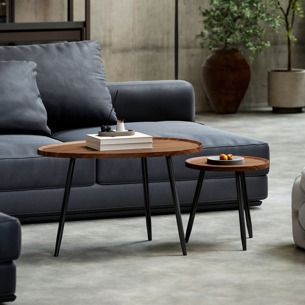 Set of 2 Nesting Coffee Tables in Wood and Metal, Dark Wood Color