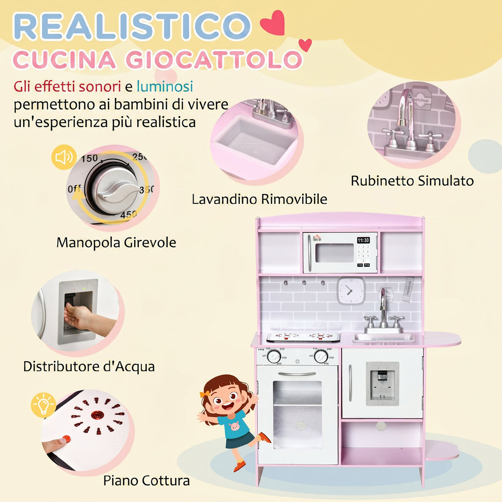 HOMCOM Kids' Play Kitchen with Stove, Lights and Sounds, Microwave, Water Dispenser, Ages 3-6, Pink