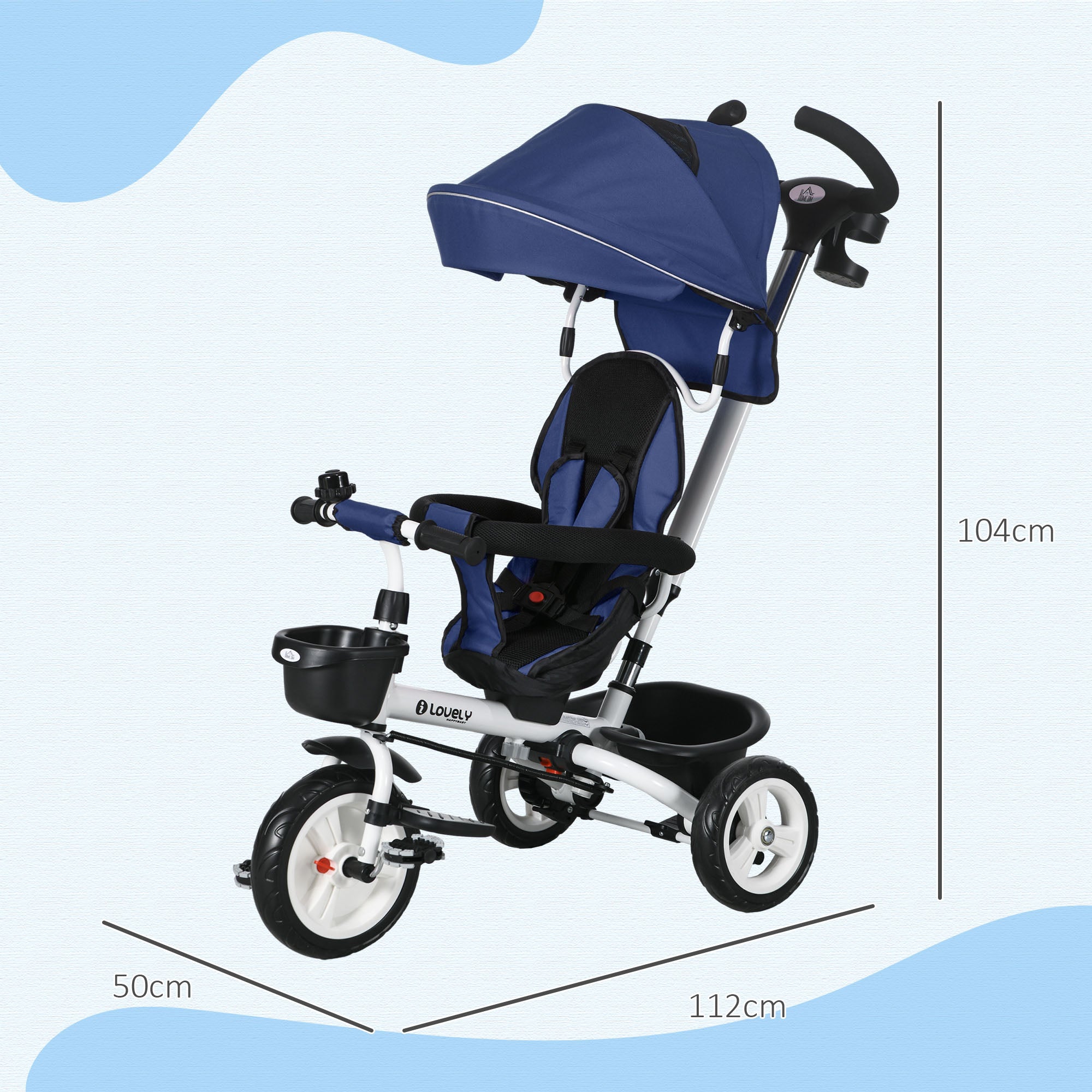 Tricycle Stroller for Children with Handlebar, Adjustable Sunshade and Safety Belt, Dark Blue - Borgè