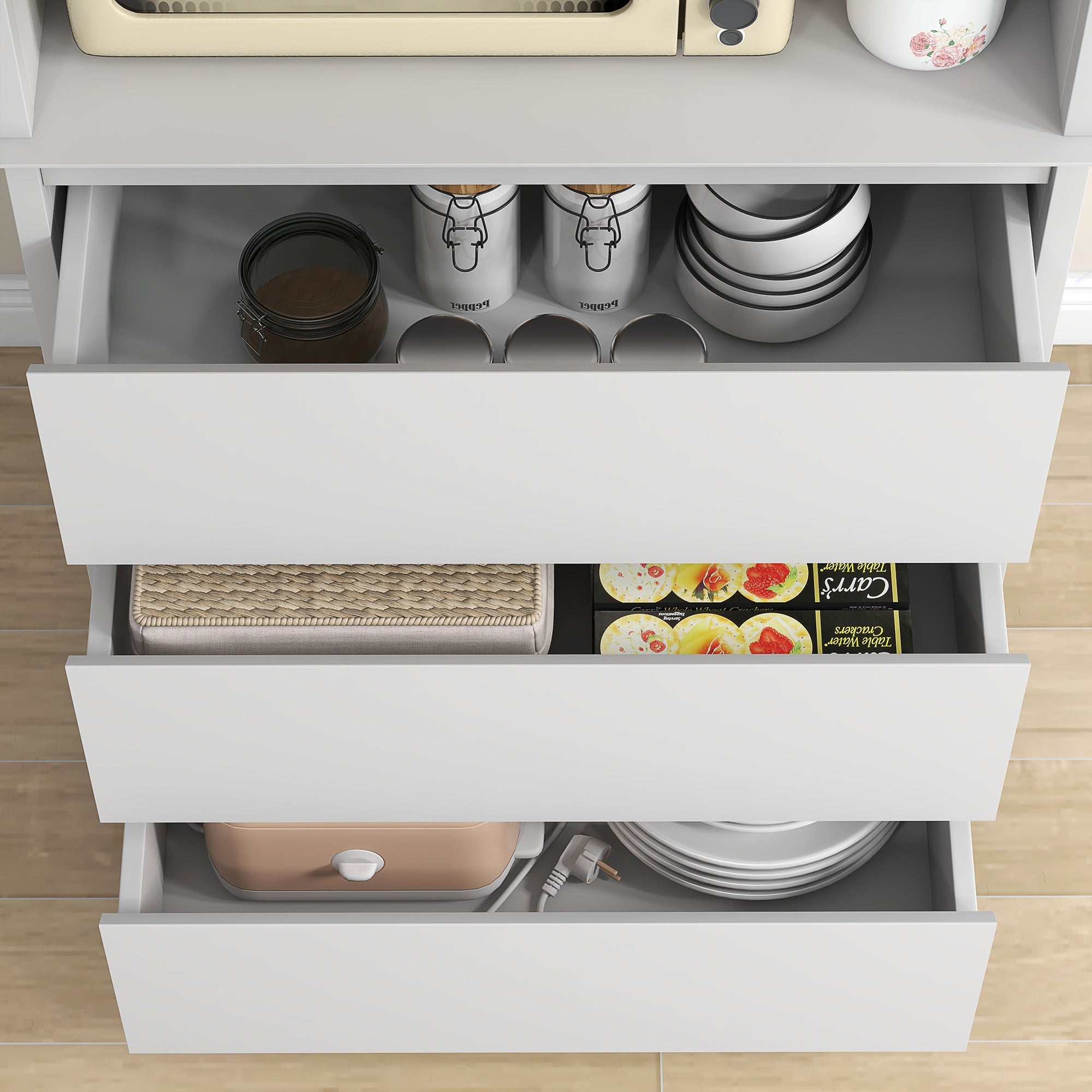 Tall Kitchen Pantry with 2-Tier Cabinet and 3 Drawers, in MDF, 68x38x172 cm, White