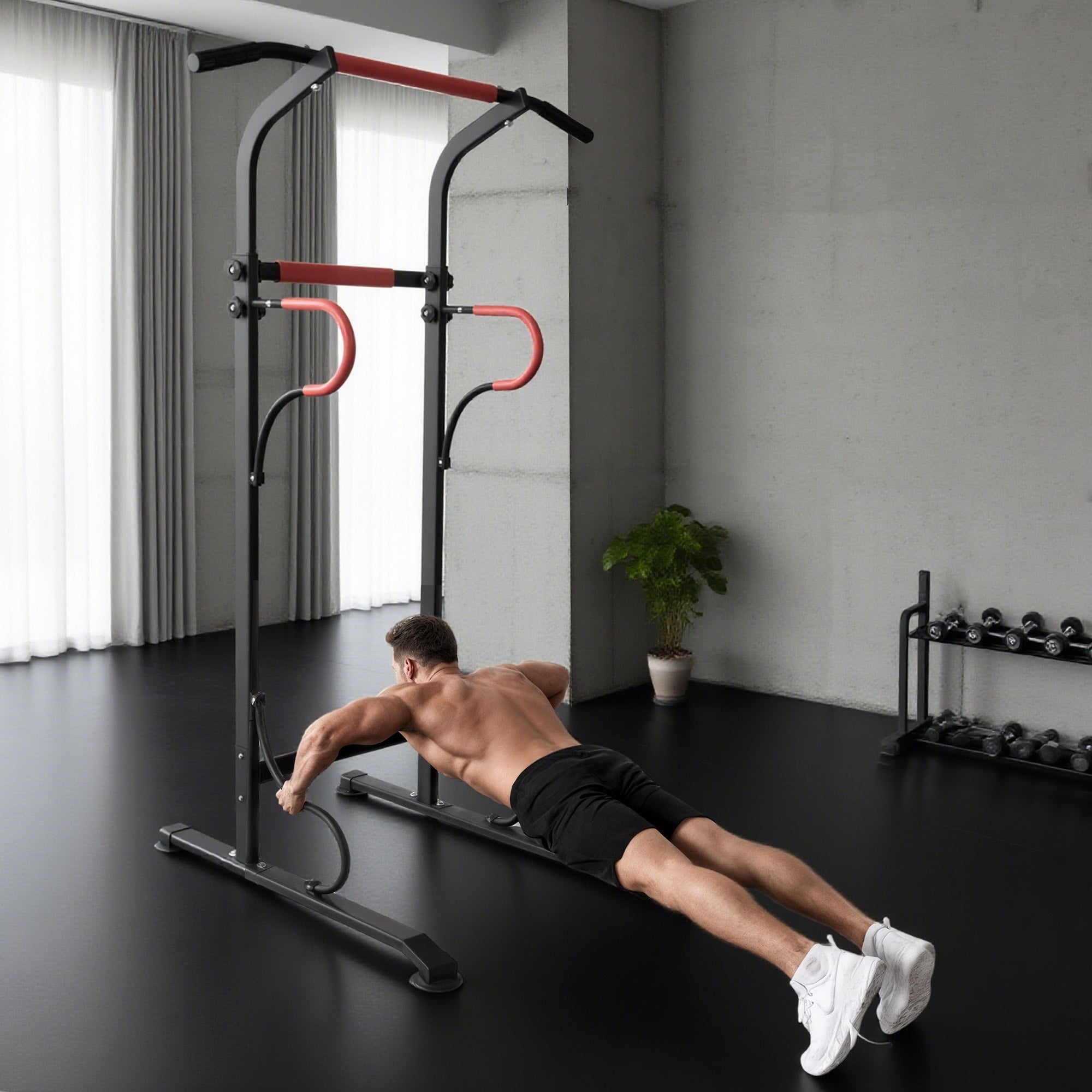 Power Tower Pull-Up Bar Multifunctional Fitness Station with Adjustable Height 171-219cm Black Red
