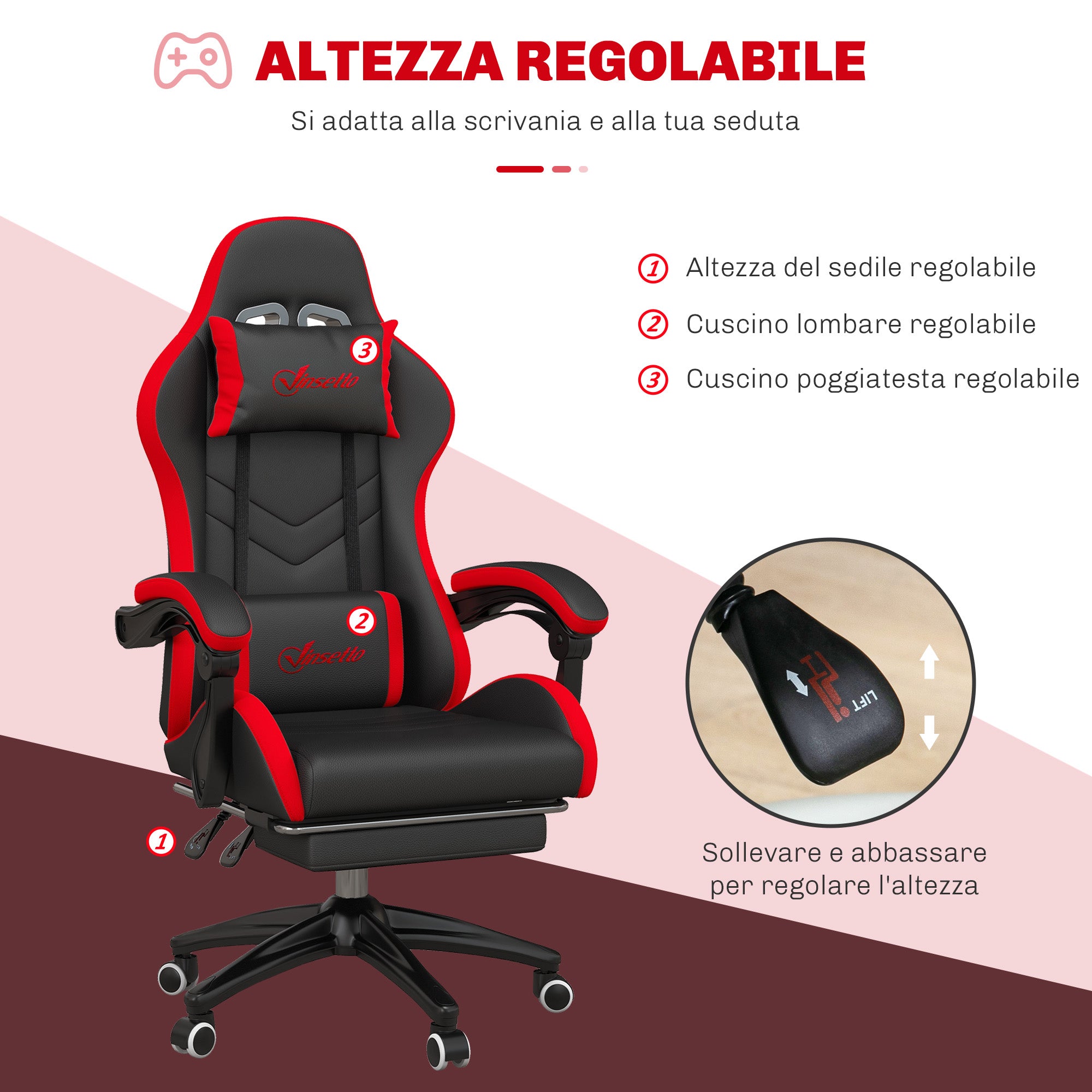 Gaming Chair with Adjustable Height and Reclining Backrest, 65x65x121-129 cm, Black and Red