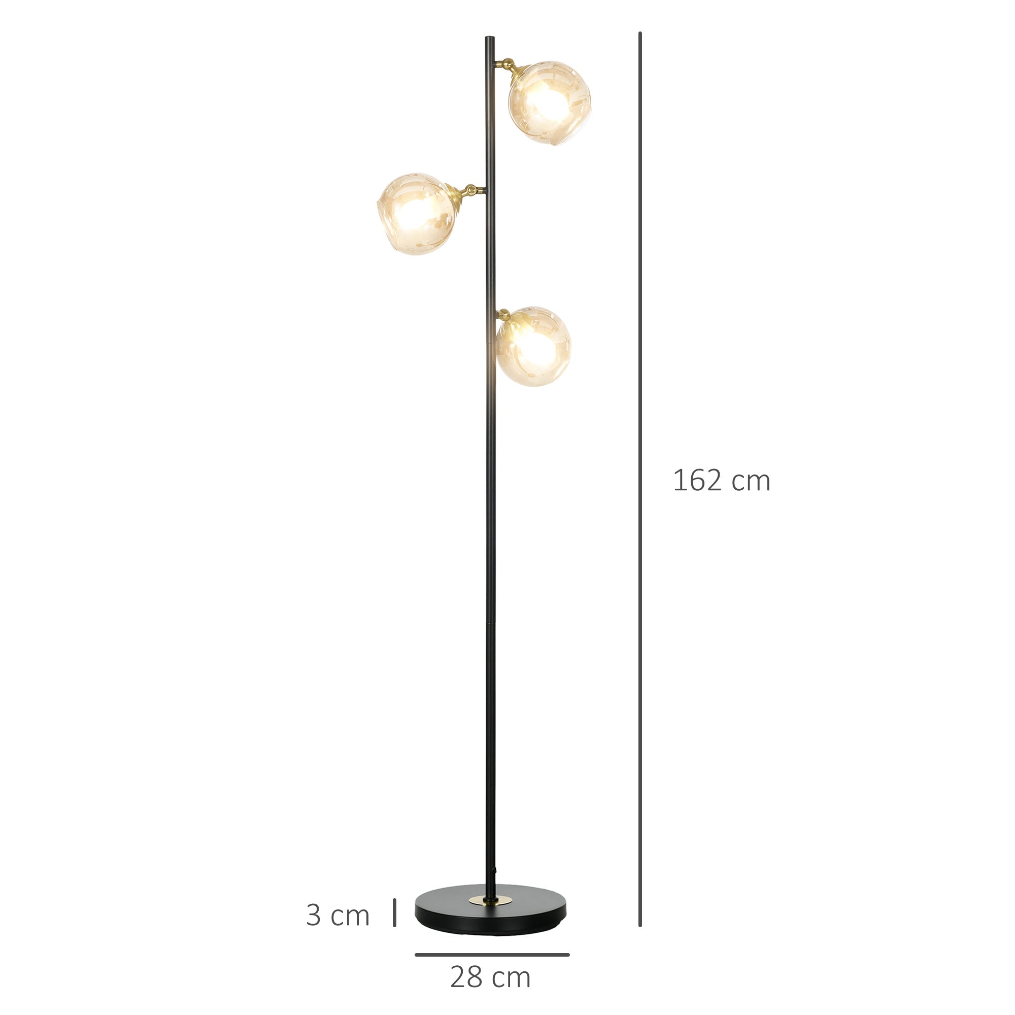 Homcom Tree metal ground lamp with 3 glass lampshades, Ø36x162 cm, black and gray - Borgè
