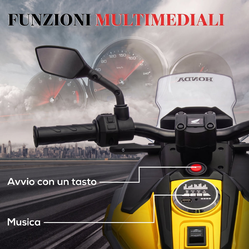 AIYAPLAY Electric Motorcycle for Children 3-6 Years Old, Honda Licensed, 12V Dual Motors, Wheels, 3 km/h, Max 30kg, Yellow