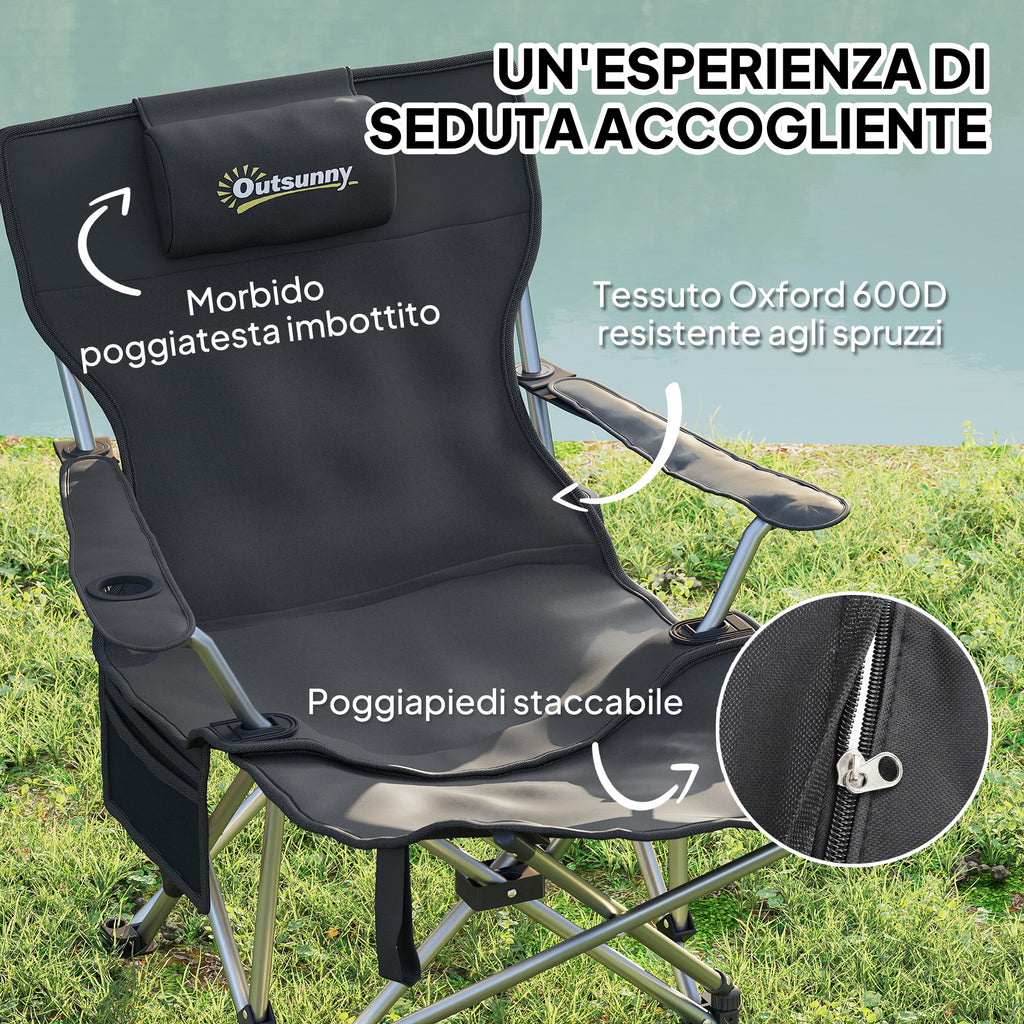 Folding and Reclining Camping Chair with Removable Footrest, Headrest and Cup Holder, Black