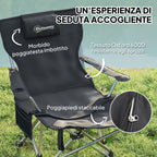 Folding and Reclining Camping Chair with Removable Footrest, Headrest and Cup Holder, Black
