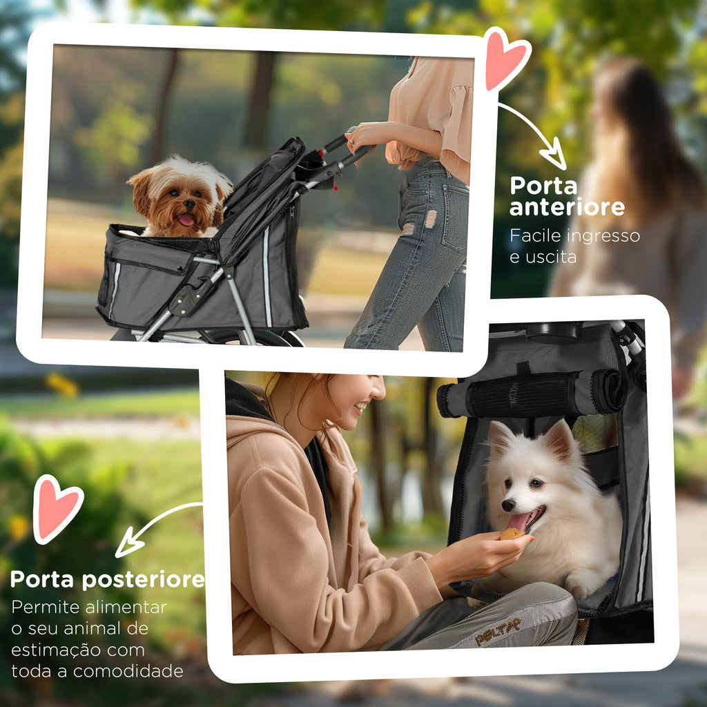 Folding Dog Stroller with Cup Holder and Basket, Steel and Polyester, 75x45x97 cm, Charcoal Grey