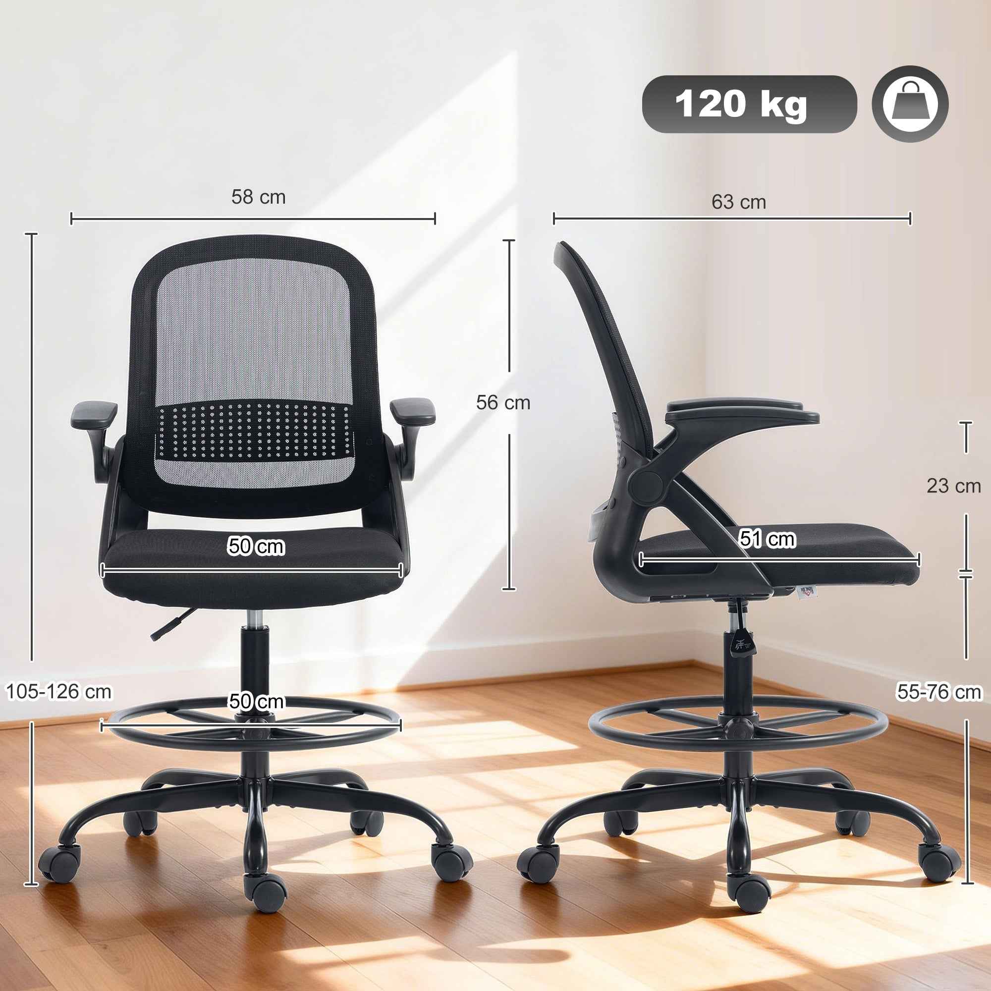 Ergonomic Office Chair with Lumbar Support and Footrest, Fabric and Steel, 58x63x105-126 cm, Black
