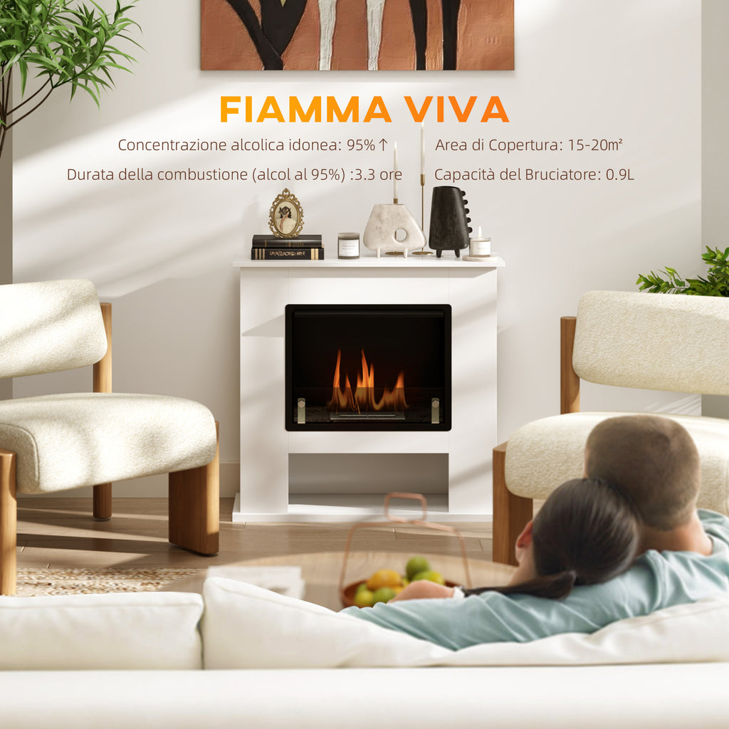 Bioethanol Fireplace 0.9L with Bottom Shelf, Stainless Steel and Tempered Glass, 86x30x82 cm, White