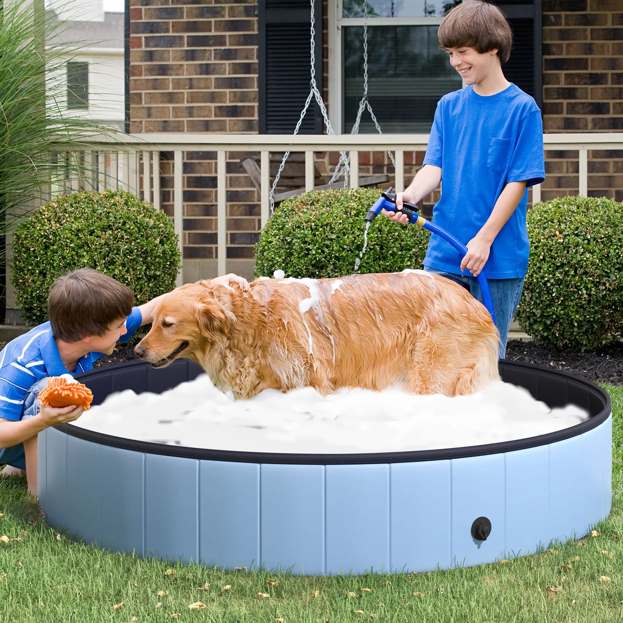 Portable Folding Dog Bathtub Pool Pet Bath Tub in PVC Blue Φ160 x 30cm