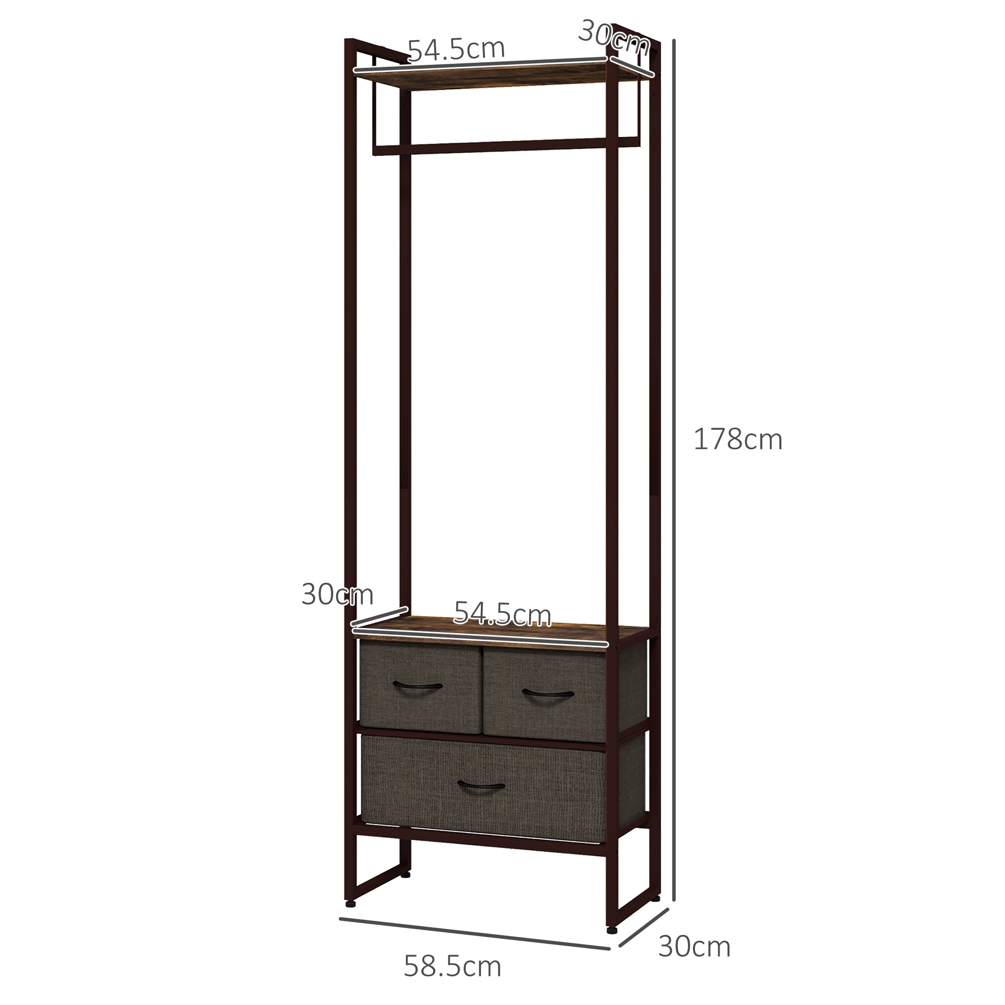 HOMCOM Floor Coat Hanger with Rod, 3 Drawers and Shelves, in MDF Wood and Steel, 58.5x30x178 cm, Brown - Borgè