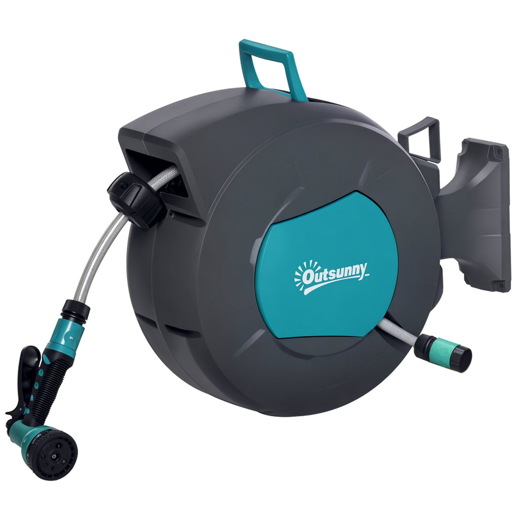 Outsunny 180° Rotating Automatic Wall-Mounted Hose Reel, 15m+1.4m Water Hose and Multifunction Gun, Grey