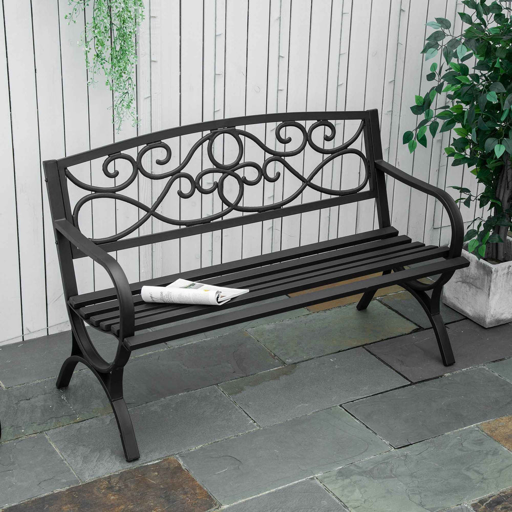 Outsunny 2-Seater Steel and Cast Iron Garden Bench with Armrests and Decoration, 128x58.5x85cm, Black