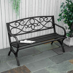 Outsunny 2-Seater Steel and Cast Iron Garden Bench with Armrests and Decoration, 128x58.5x85cm, Black