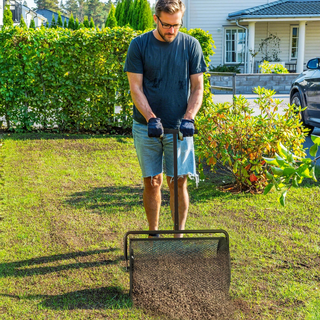 75L Metal Fertilizer Spreader with Adjustable T-Handle and Padded Handle, 70x40x112 cm, Black