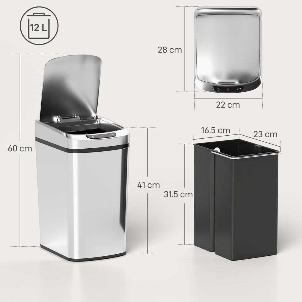 HOMCOM 12L Infrared Waste Bin with Removable Bucket, Stainless Steel, ABS and PP, 28x22x41 cm, Silver