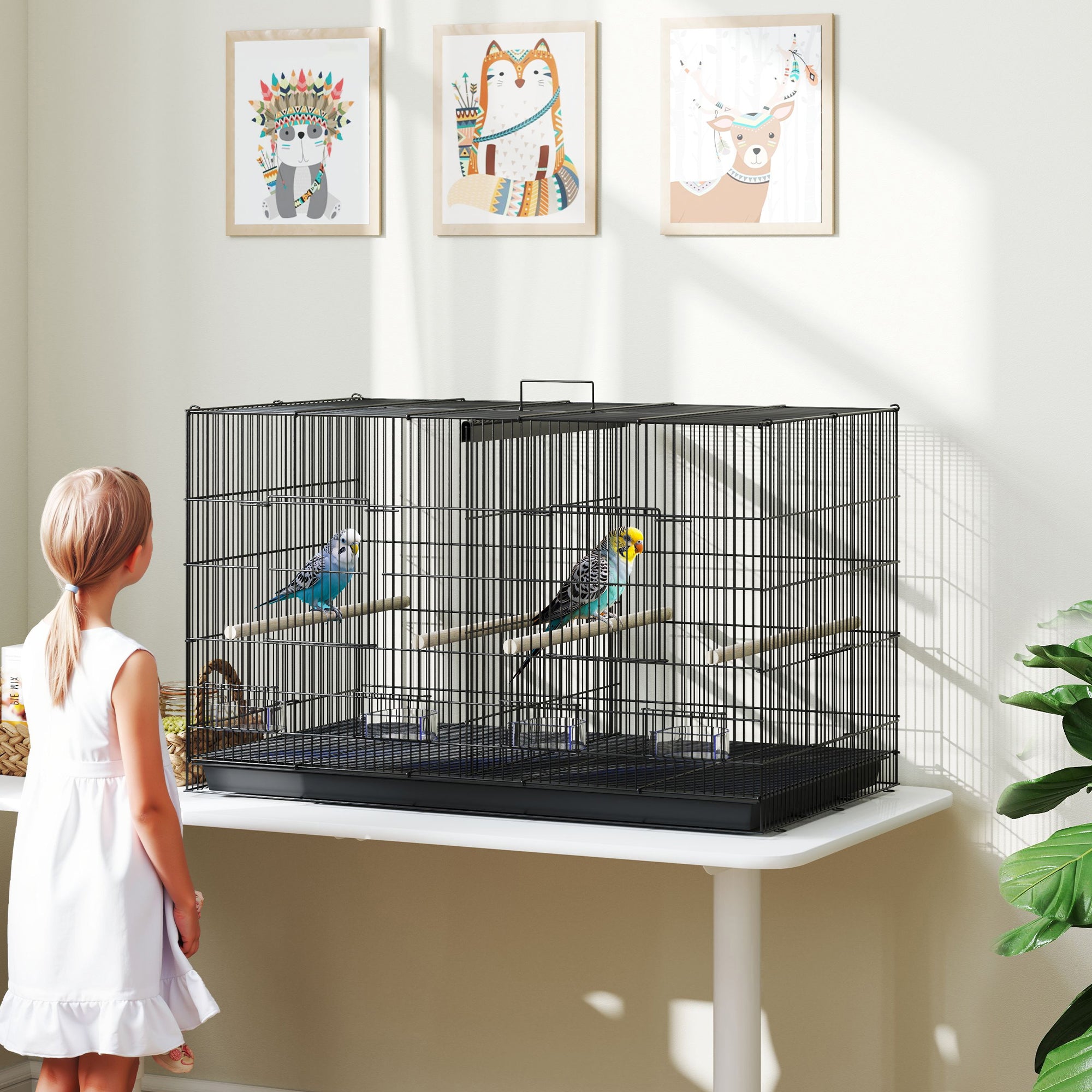 Bird Cage with Divider and Lower Storage Shelf, in Steel and PP, 94x57x57 cm, Black
