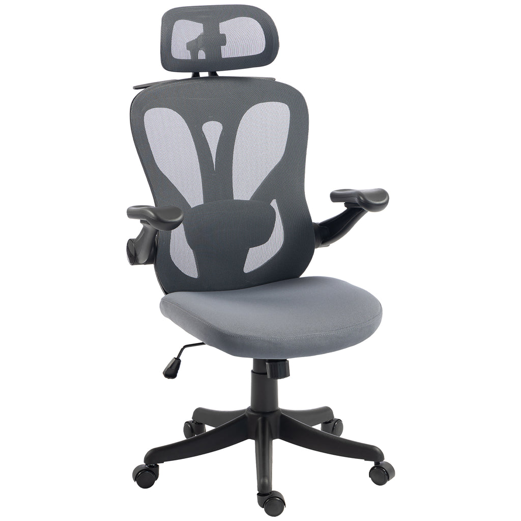 HOMCOM Ergonomic Office Chair with Flip-Up Armrests, Headrest, and Coat Rack, Dark Grey