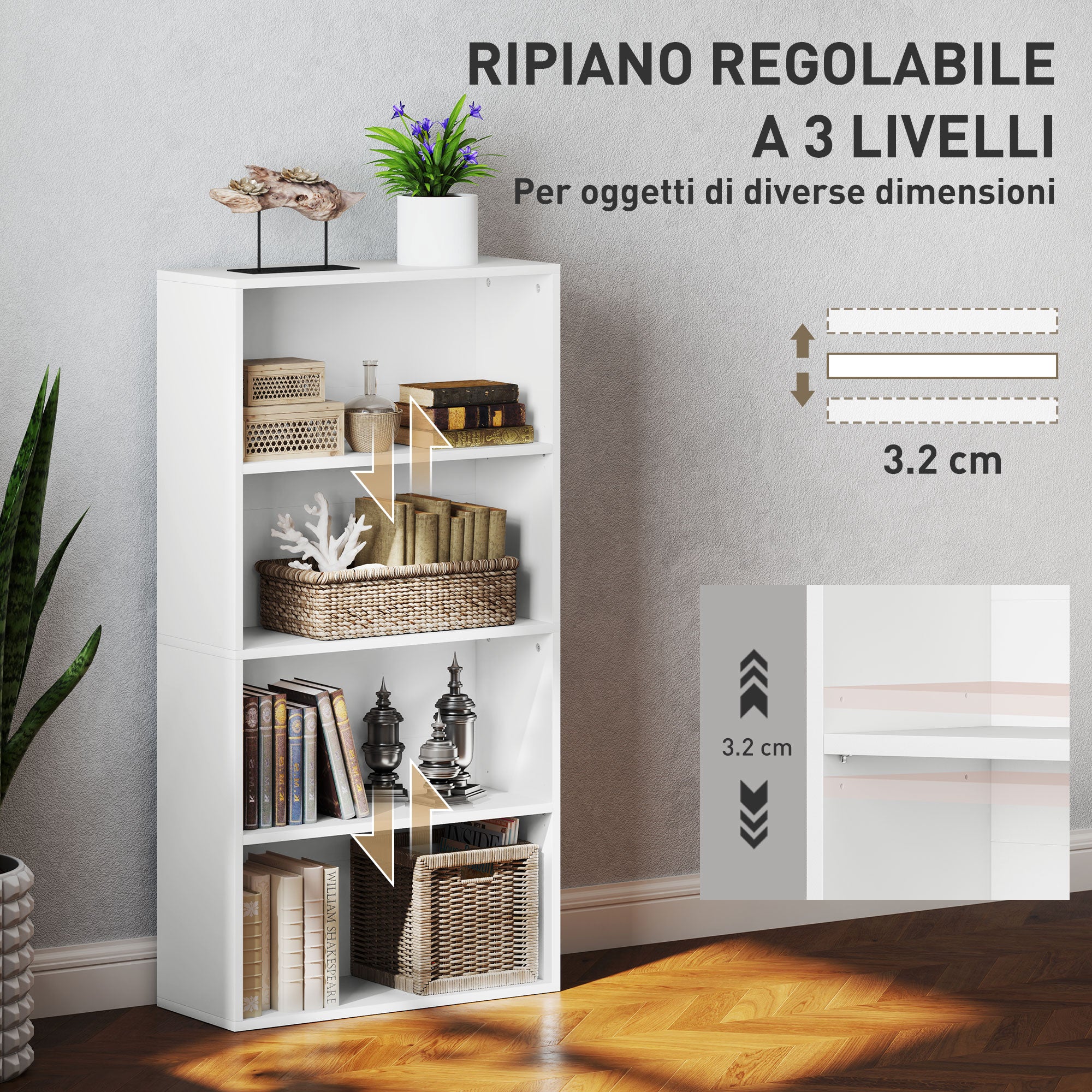 4-Shelf Bookcase Cabinet with 2 Flexible Shelves, in Wood, 60x24x115.5 cm, White