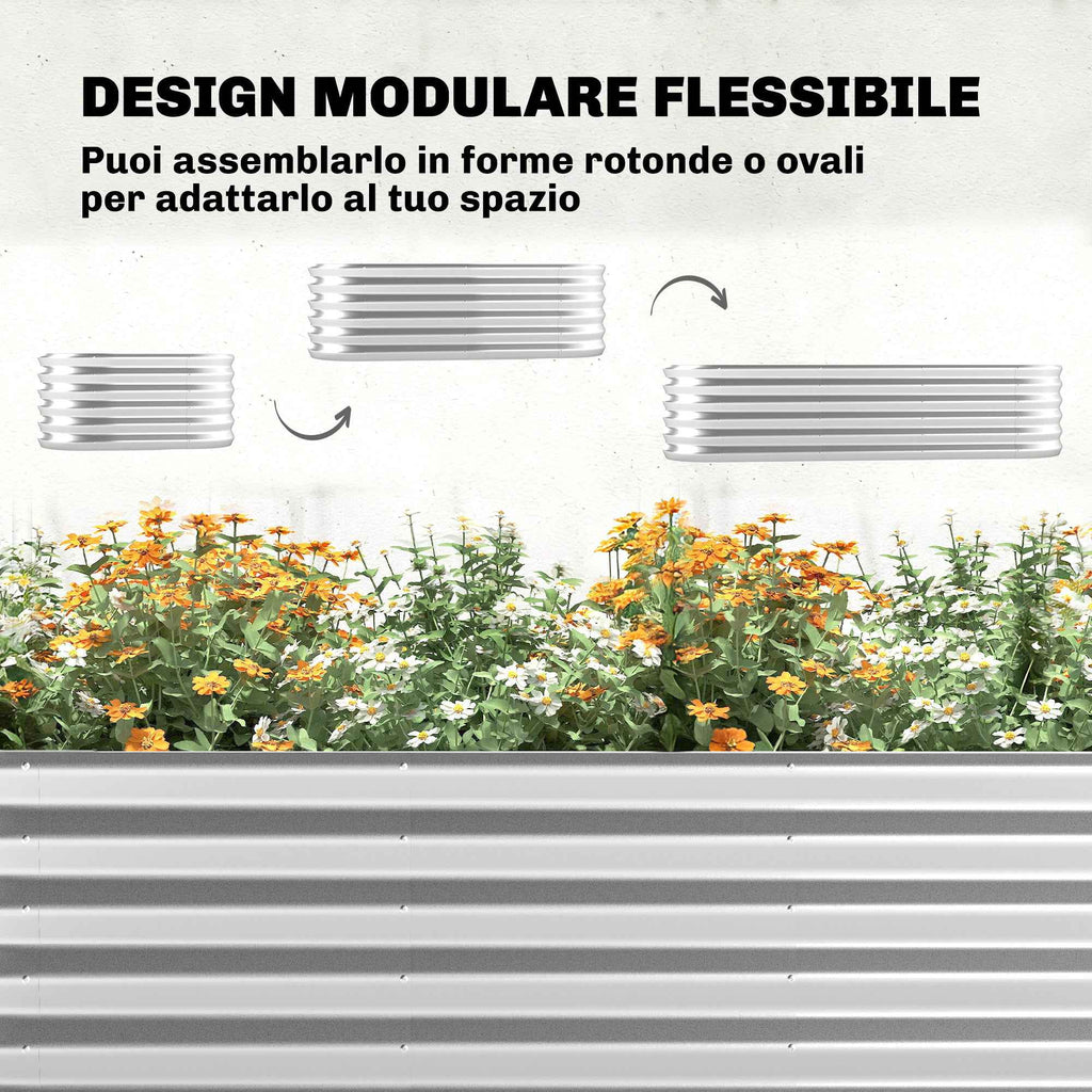 Outsunny Raised Outdoor Vegetable Garden with Trellis for Climbing Plants and Open Bottom, Steel, 200x60x103 cm, Silver