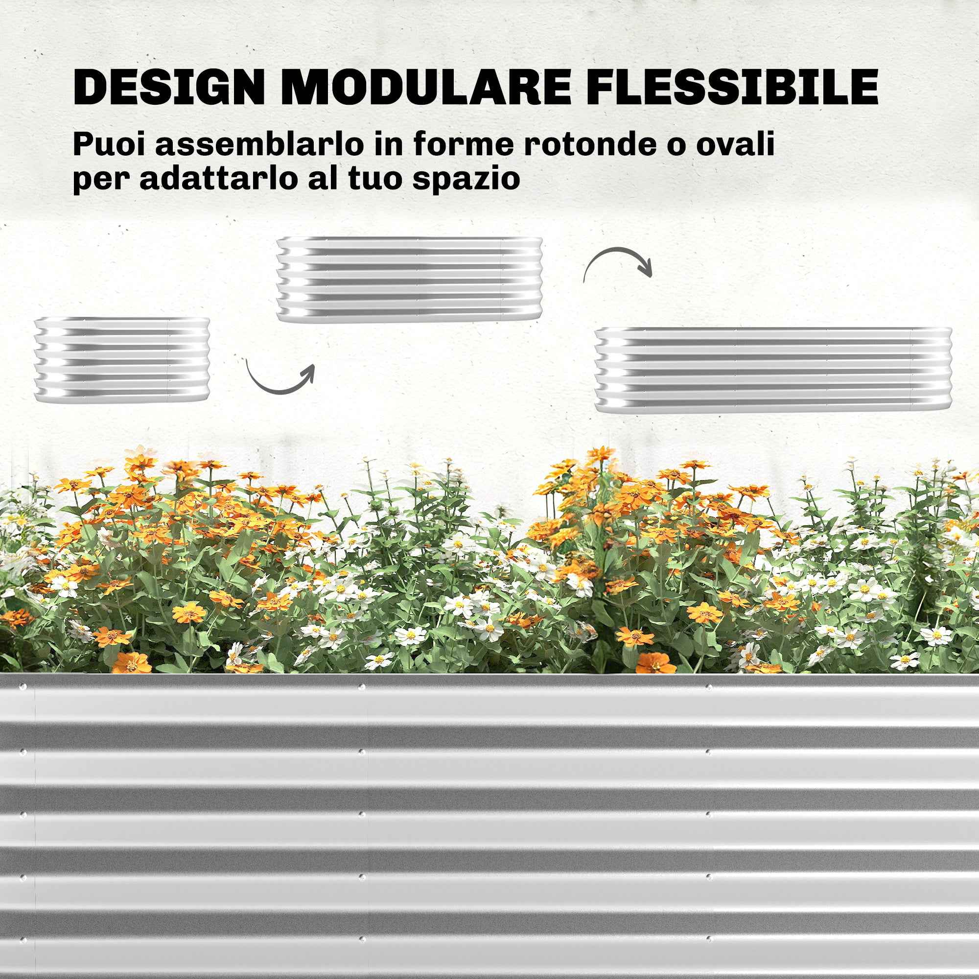Outsunny Raised Outdoor Vegetable Garden with Trellis for Climbing Plants and Open Bottom, Steel, 200x60x103 cm, Silver