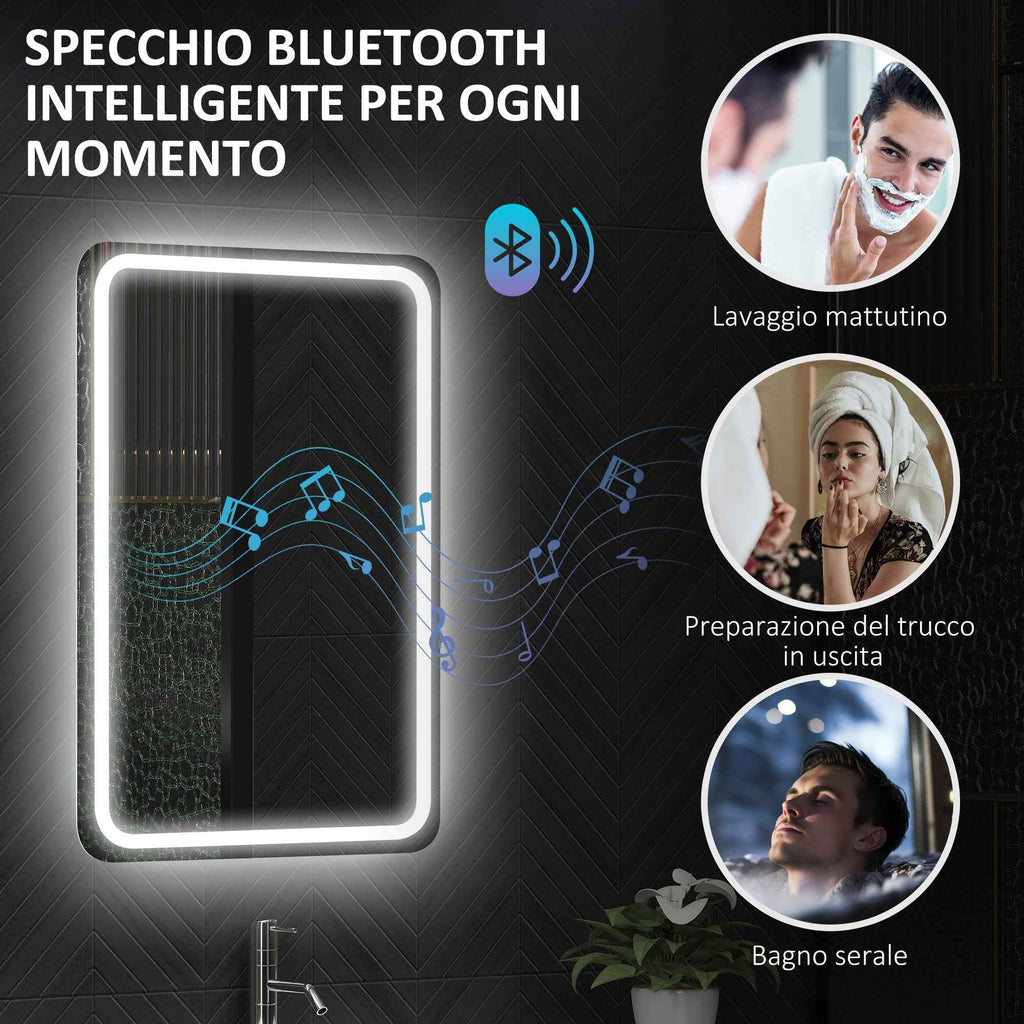 HOMCOM LED Bathroom Mirror with Bluetooth, Adjustable Lighting and Memory Function, Tempered Glass, 70x50x3.5 cm