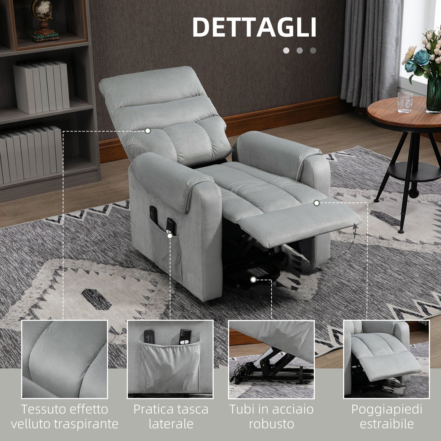 Relaxing Armchair with 135° Reclining, Massaging and Lifting with Remote Control, 79x97x103cm, Gray - Borgè