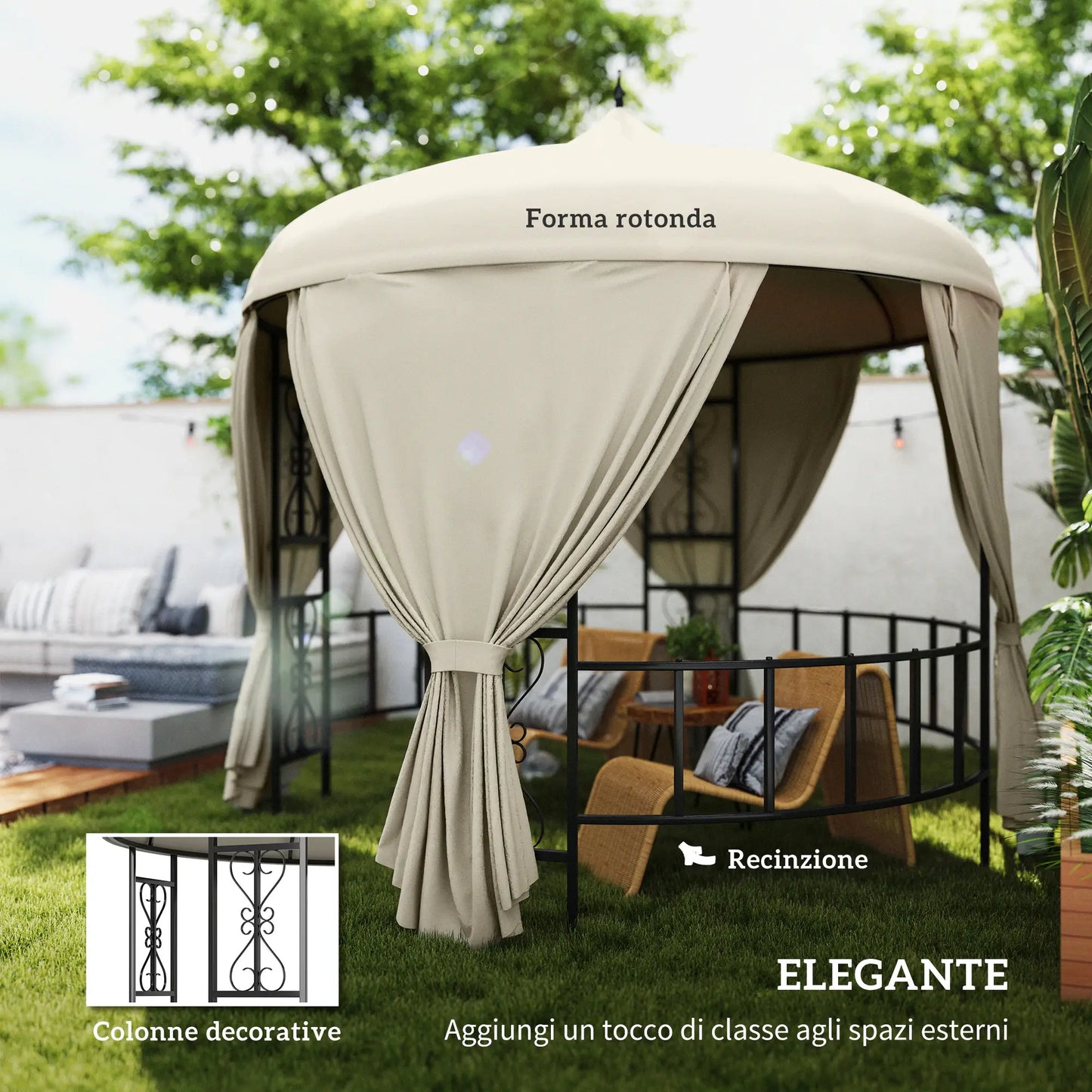 Round Garden Gazebo Ø3m with Curtains and Air Vents in Metal and Polyester, Beige