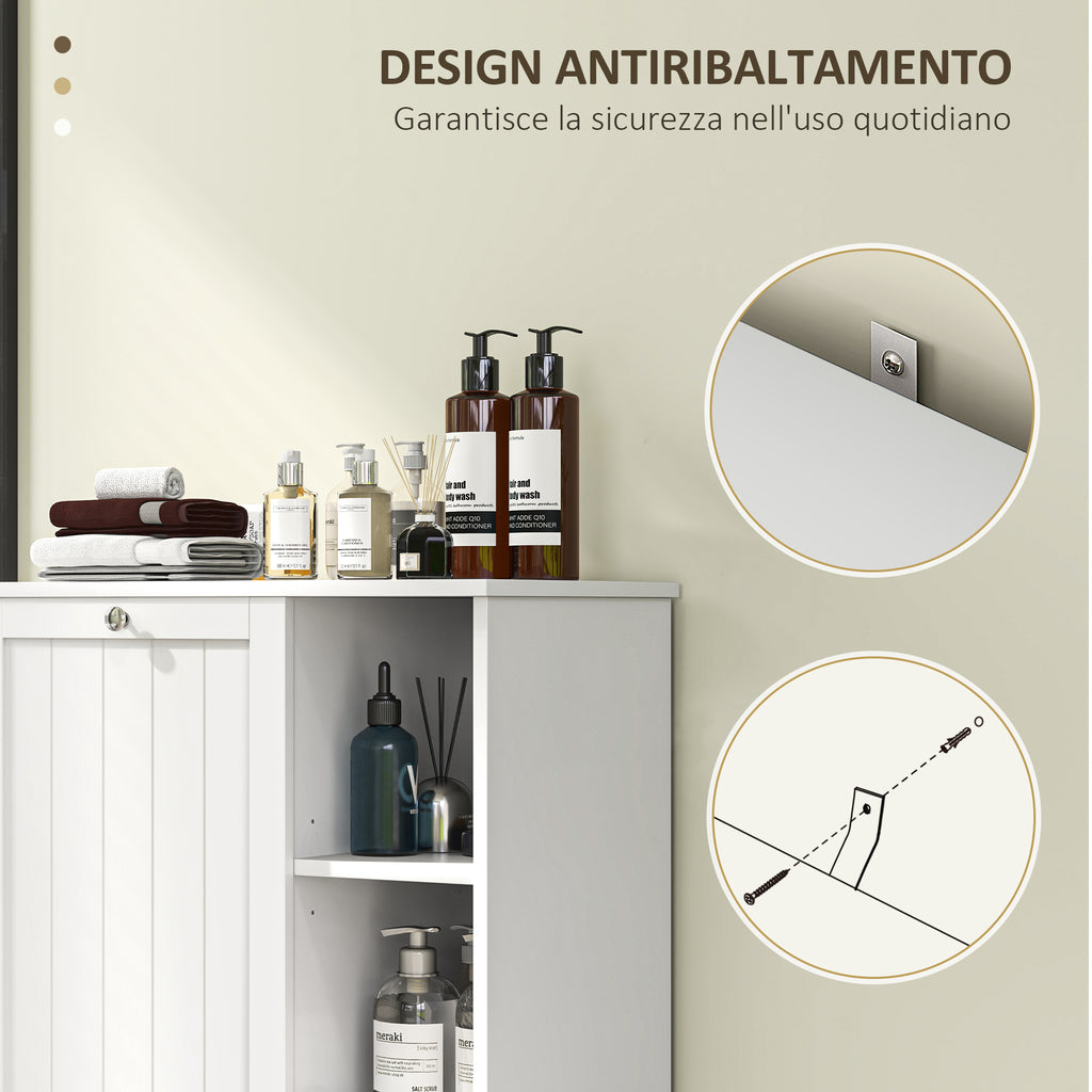 Bathroom Laundry Cabinet with Removable Basket and Adjustable Shelves, 60x38x86 cm, White