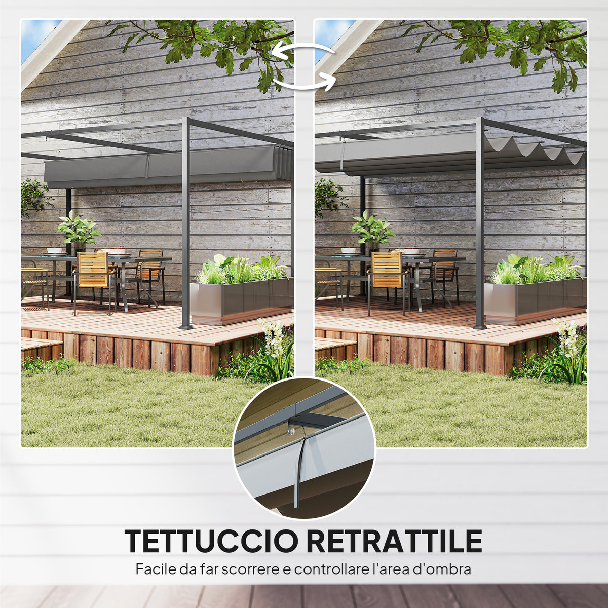 Outsunny Pergola Outdoor Gazebo 4x3 m with Retractable Metal and Polyester Canopy, Dark Grey