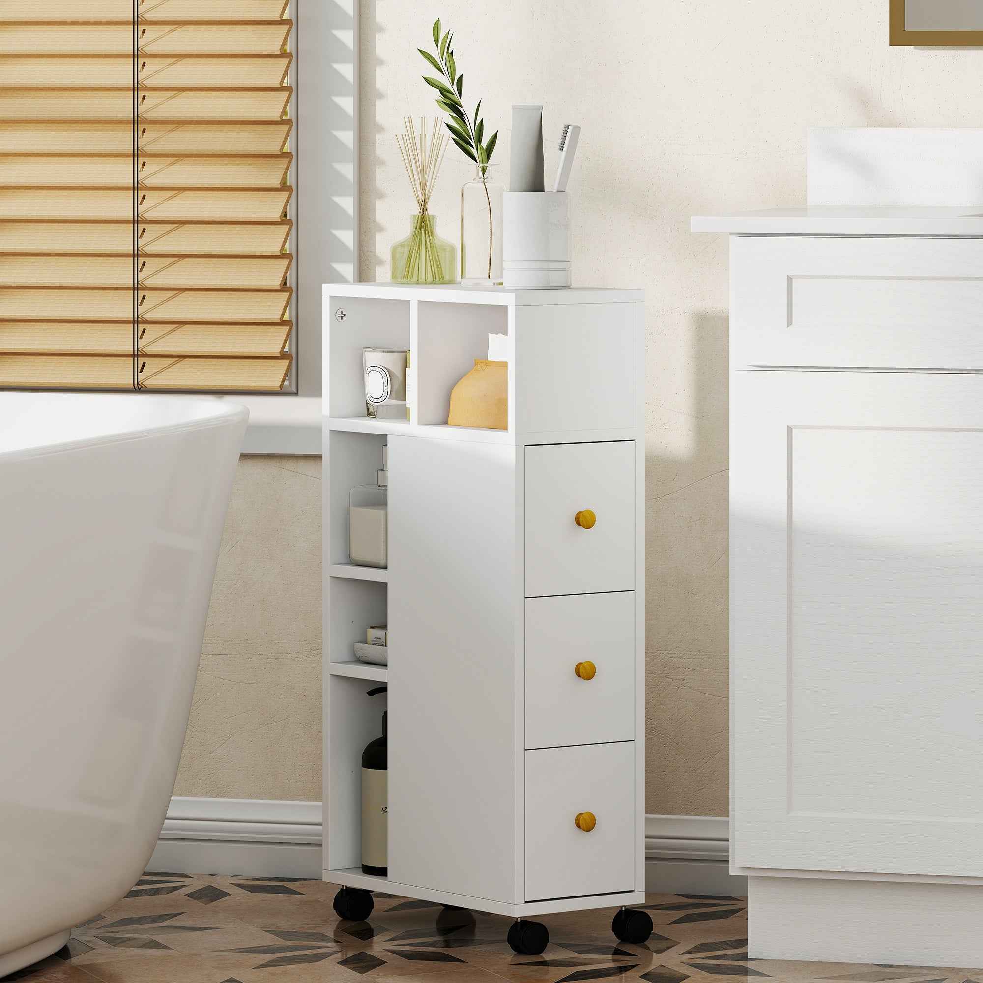 HOMCOM Space-Saving Bathroom Cabinet with Wheels, 3 Drawers and 5 Compartments with Adjustable Shelves, 20x40x80 cm, White