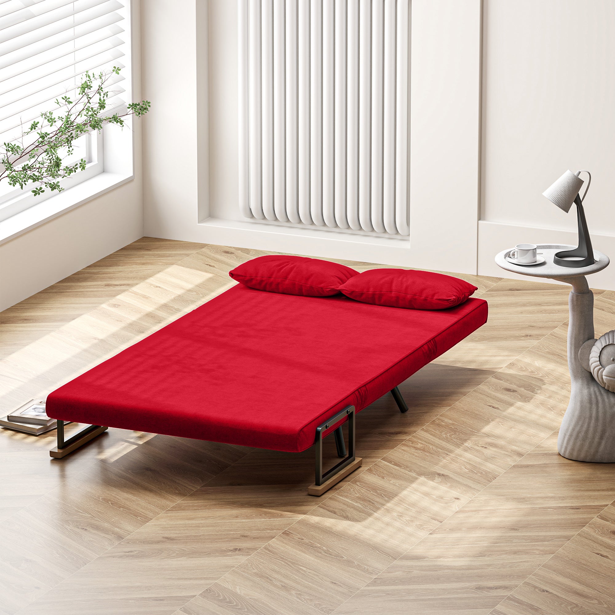 Velvet Fabric Sofa Bed with Adjustable Backrest and 2 Cushions, 102x73x81 cm, Red