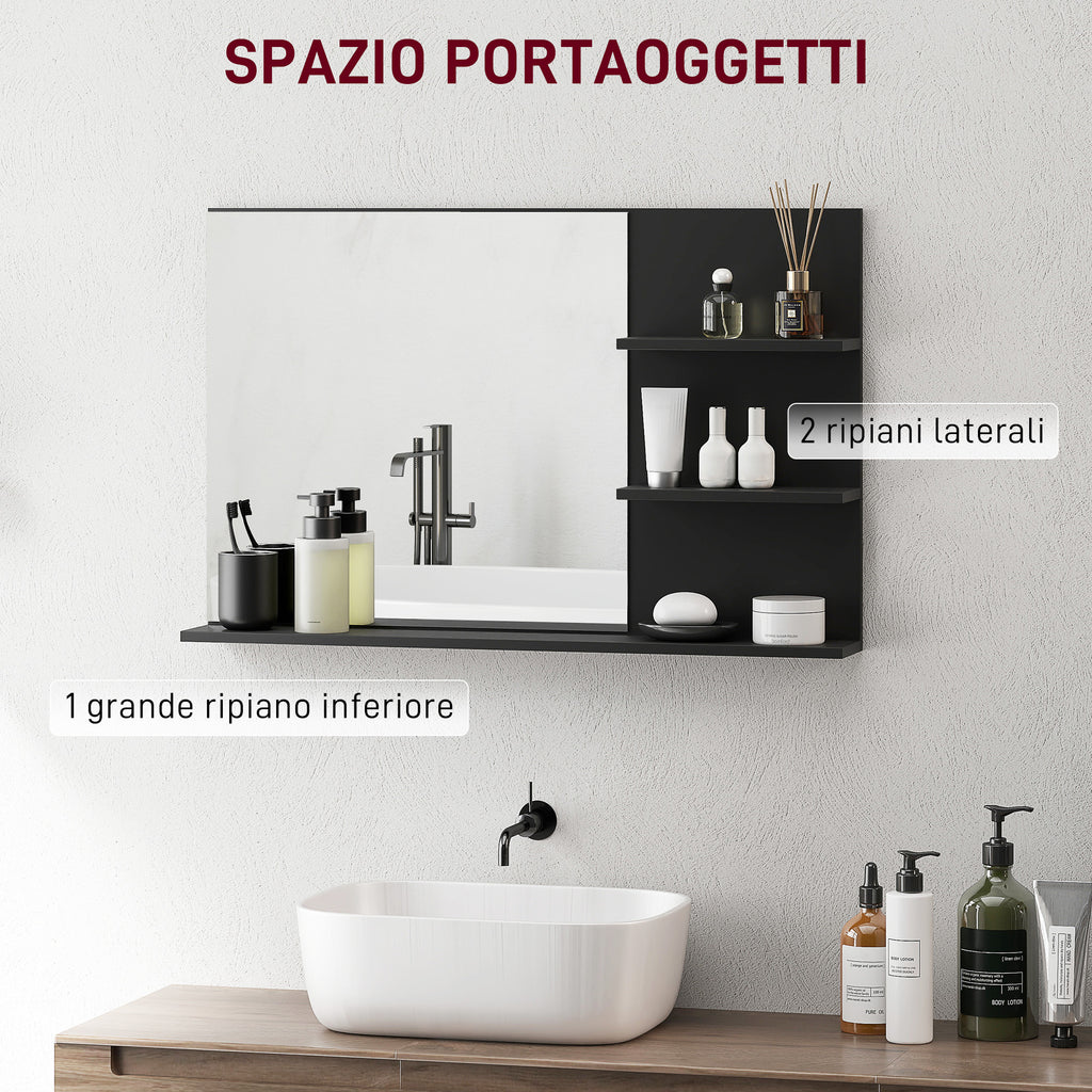Modern Bathroom Mirror with 2 Side Shelves and Bottom Shelf, in Wood and Glass, 75x10x48 cm, Black
