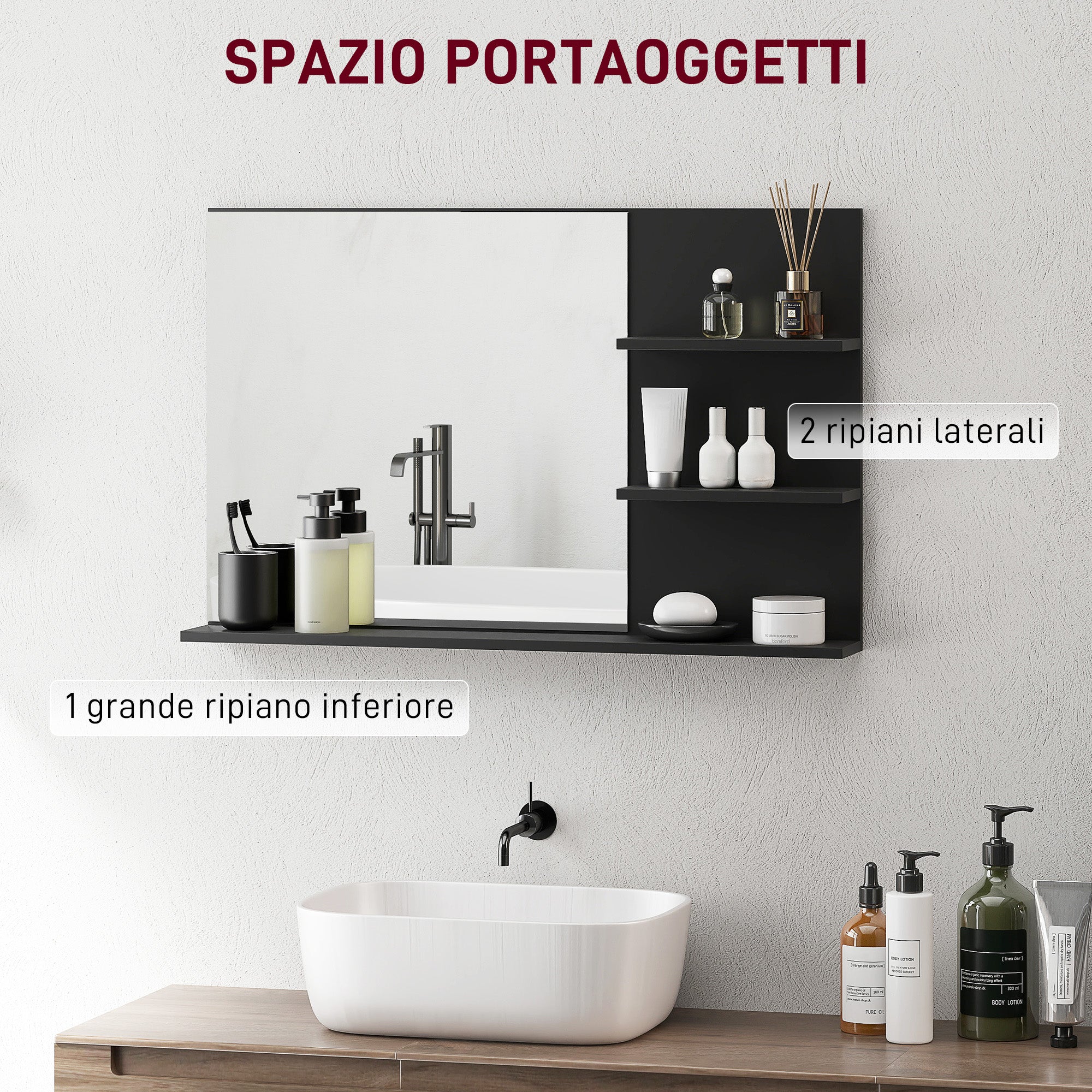 Modern Bathroom Mirror with 2 Side Shelves and Bottom Shelf, in Wood and Glass, 75x10x48 cm, Black