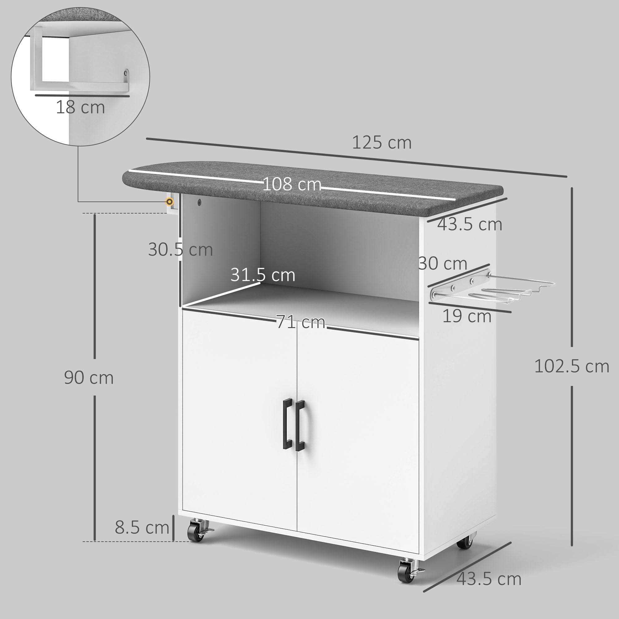 Mobile Ironing Board with 2-Door Cabinet and Open Space, 125x43.5x102.5 cm, White