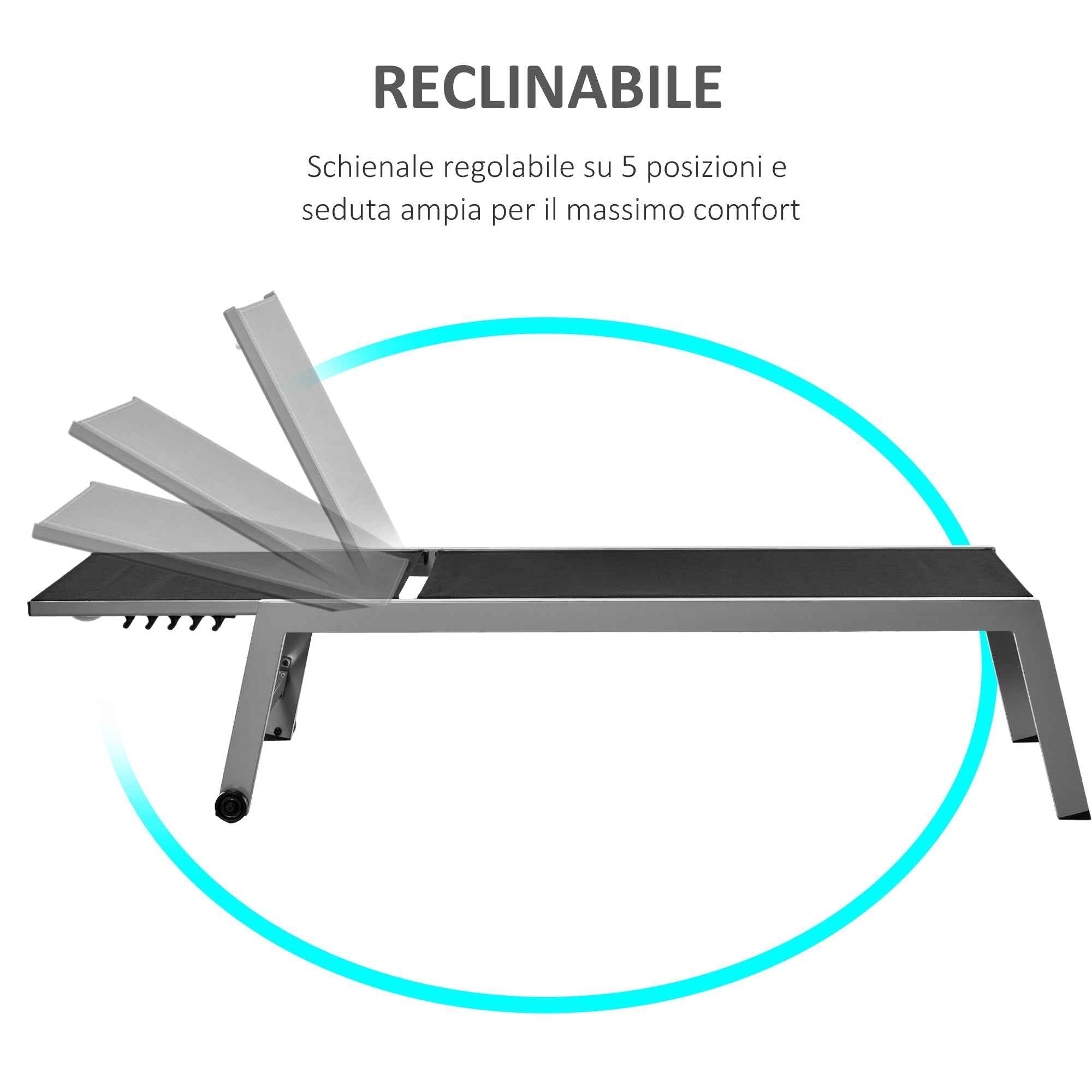 Outsunny Aluminum and Texteline Sun Lounger | Adjustable Backrest, Black and Gray, 2 Wheels | 169 x 65 x 102 cm