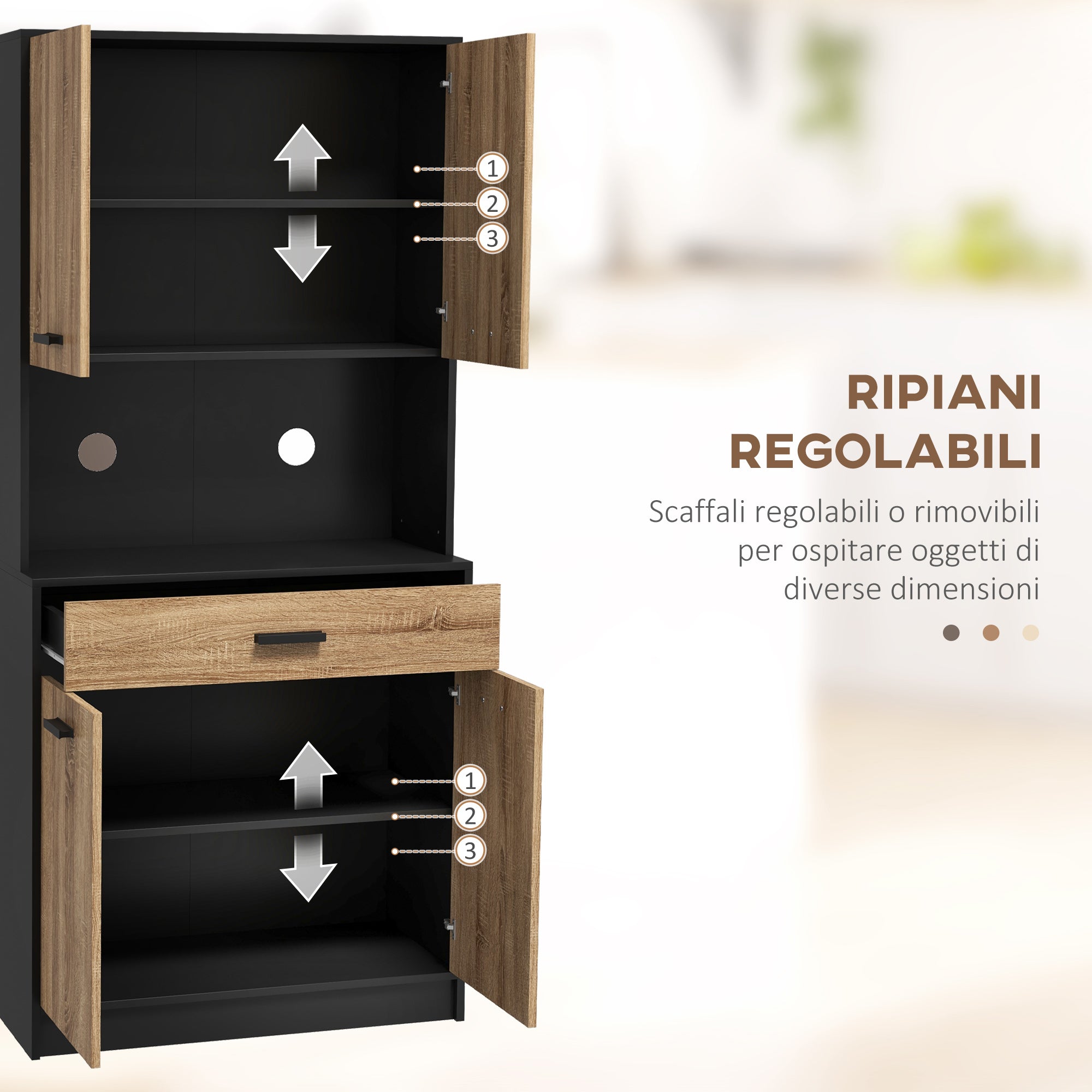 Wooden Kitchen Sideboard with 2 Door Cabinets and Drawer, 80x40x180 cm, Black and Wood Color