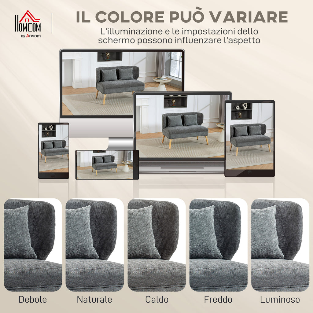HOMCOM 2-Seater Chenille Sofa with Wide Seat, Thick Padding, 2 Cushions, Rubber Wood Legs, Grey
