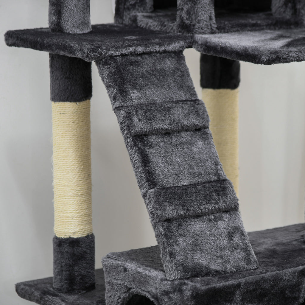 PawHut Cat Tree with 3 Perches, 2 Houses and Hanging Toys, Made of Wood and Plush, Dark Grey