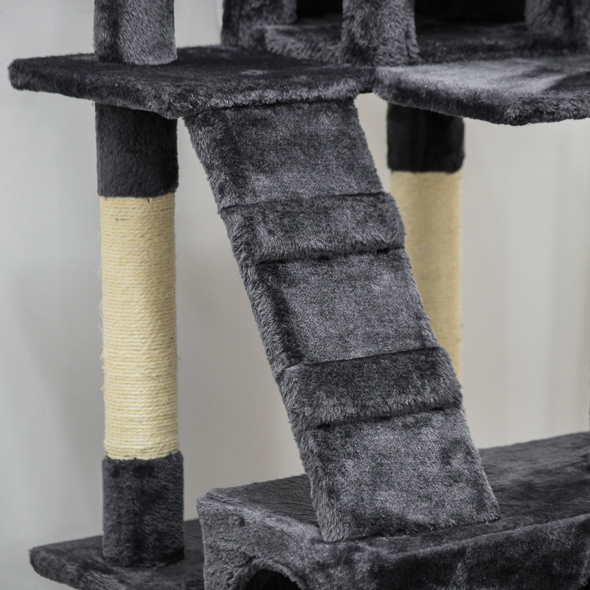 PawHut Cat Tree with 3 Perches, 2 Houses and Hanging Toys, Made of Wood and Plush, Dark Grey