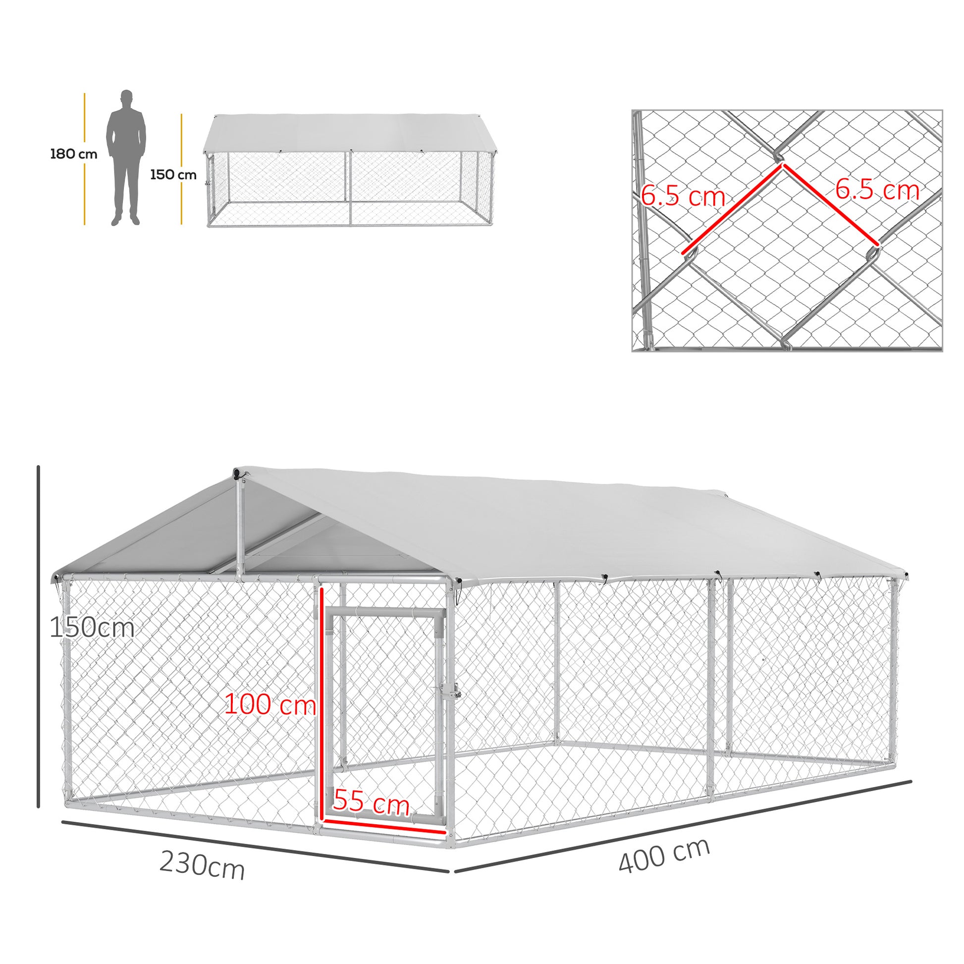 PawHut Outdoor Run for Large Dogs up to 30kg, with Waterproof and Anti-UV Roof, 4x2.3x1.5m, Silver - Borgè