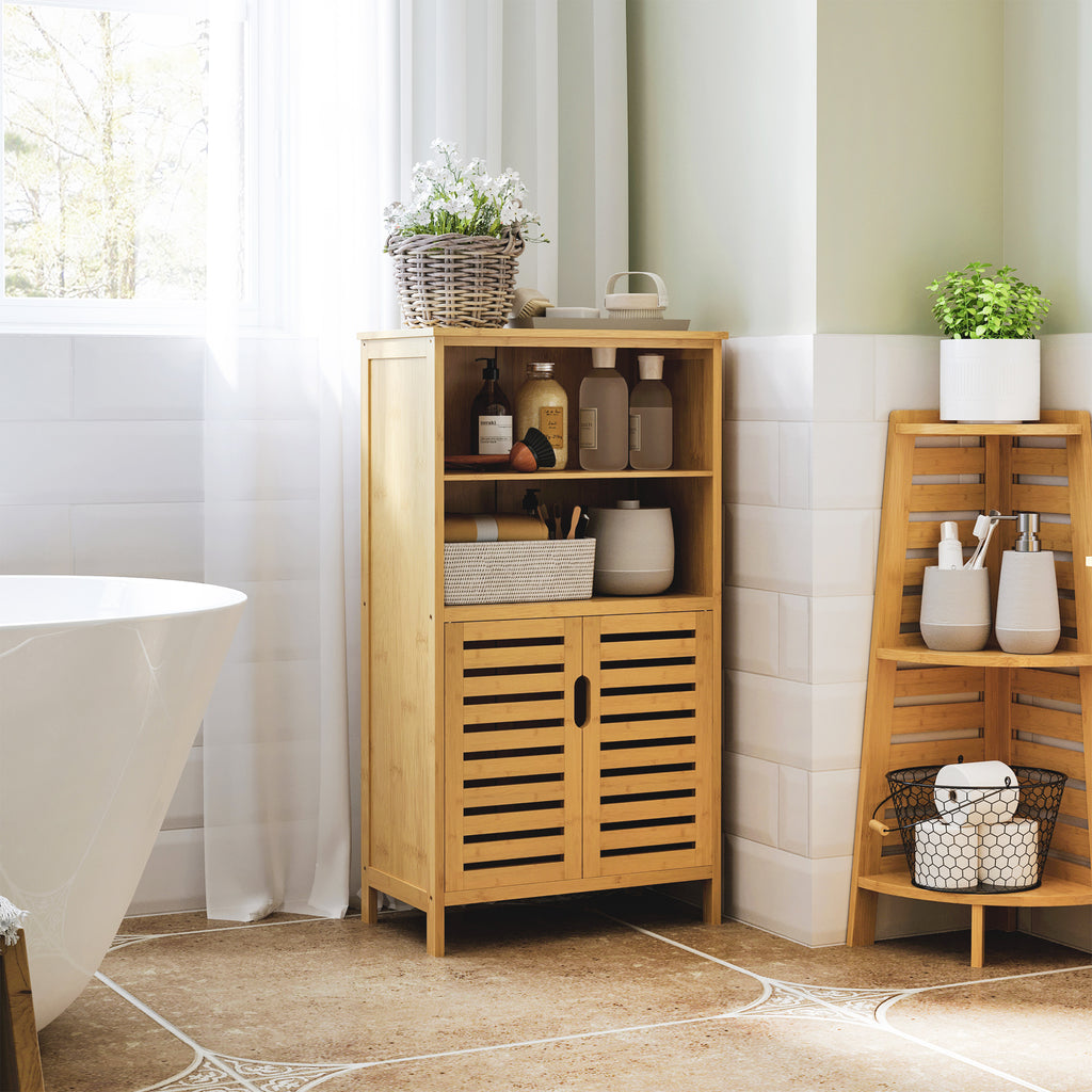 Space-Saving Wooden Bathroom Cabinet with Cupboard, 2 Doors and 2 Open Shelves, 50x29x92 cm