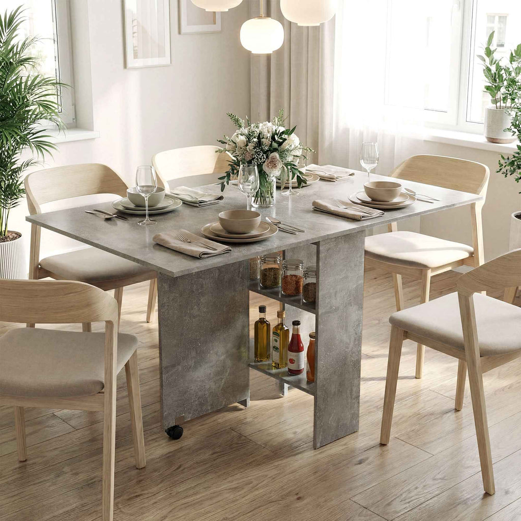 HOMCOM Folding Dining Table with Shelves, Drop-Leaf Top and Wheels, Cement Grey