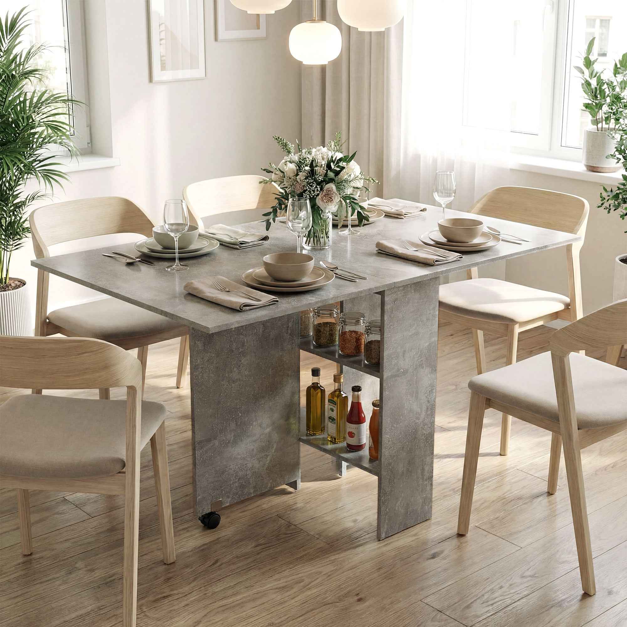 HOMCOM Folding Dining Table with Shelves, Drop-Leaf Top and Wheels, Cement Grey