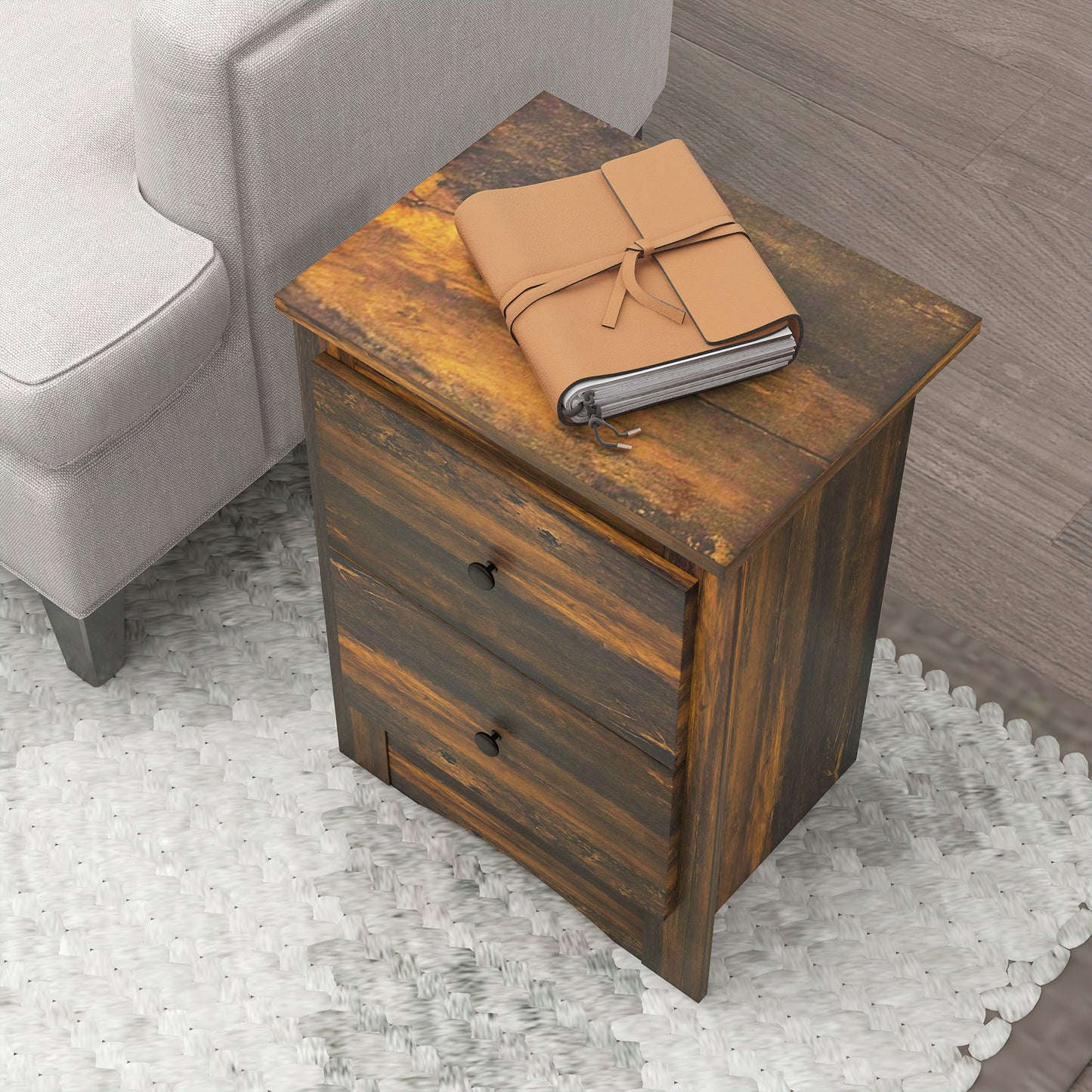 Rustic Style Wooden Bedside Table with 2 Drawers, 40x30x56 cm, Brown